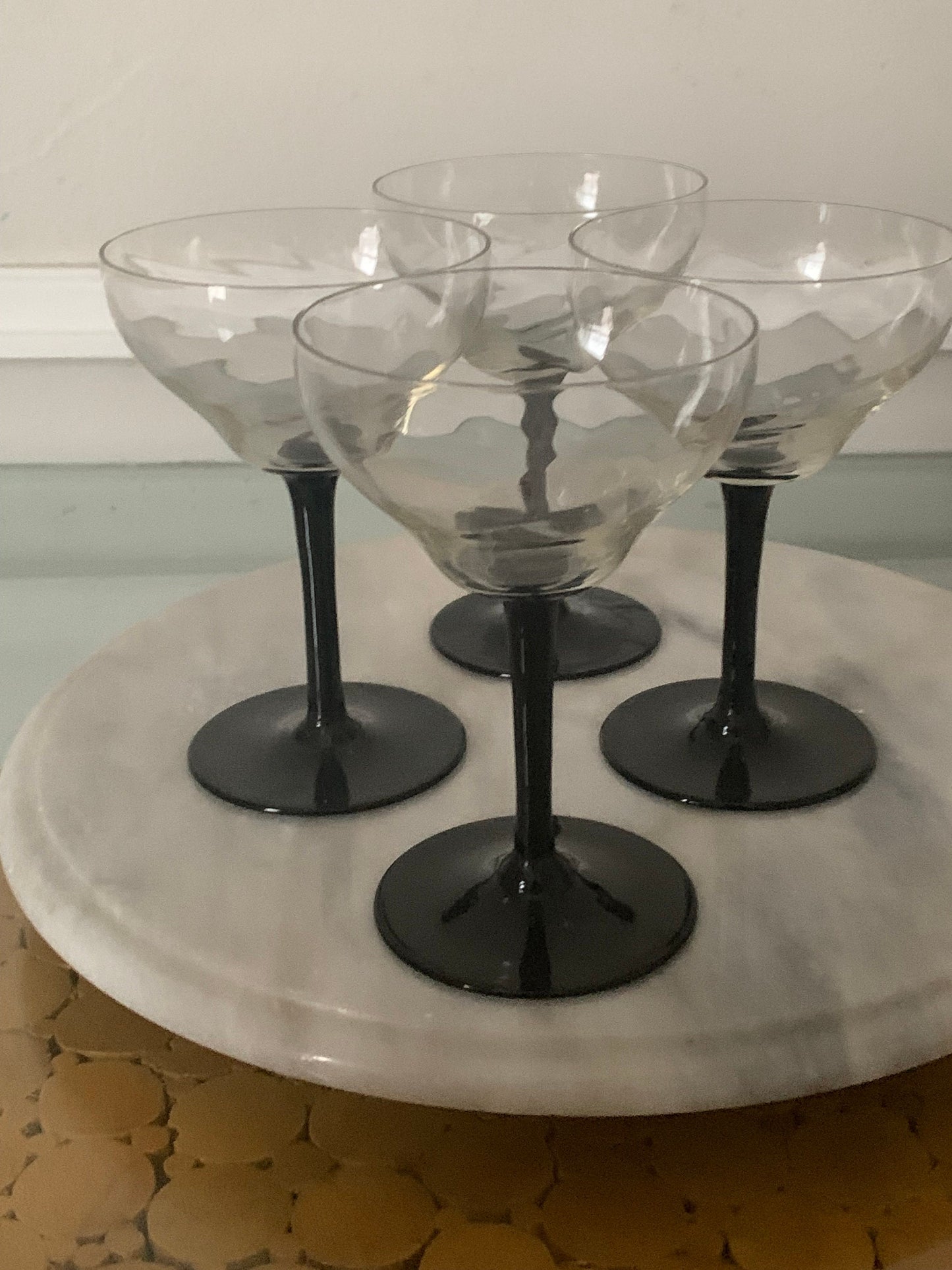 Vintage Set of 4 Black Stem Wine Glasses