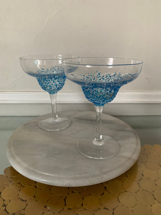 Retro Set of 2  Textured Aqua Blue Margarita Glasses