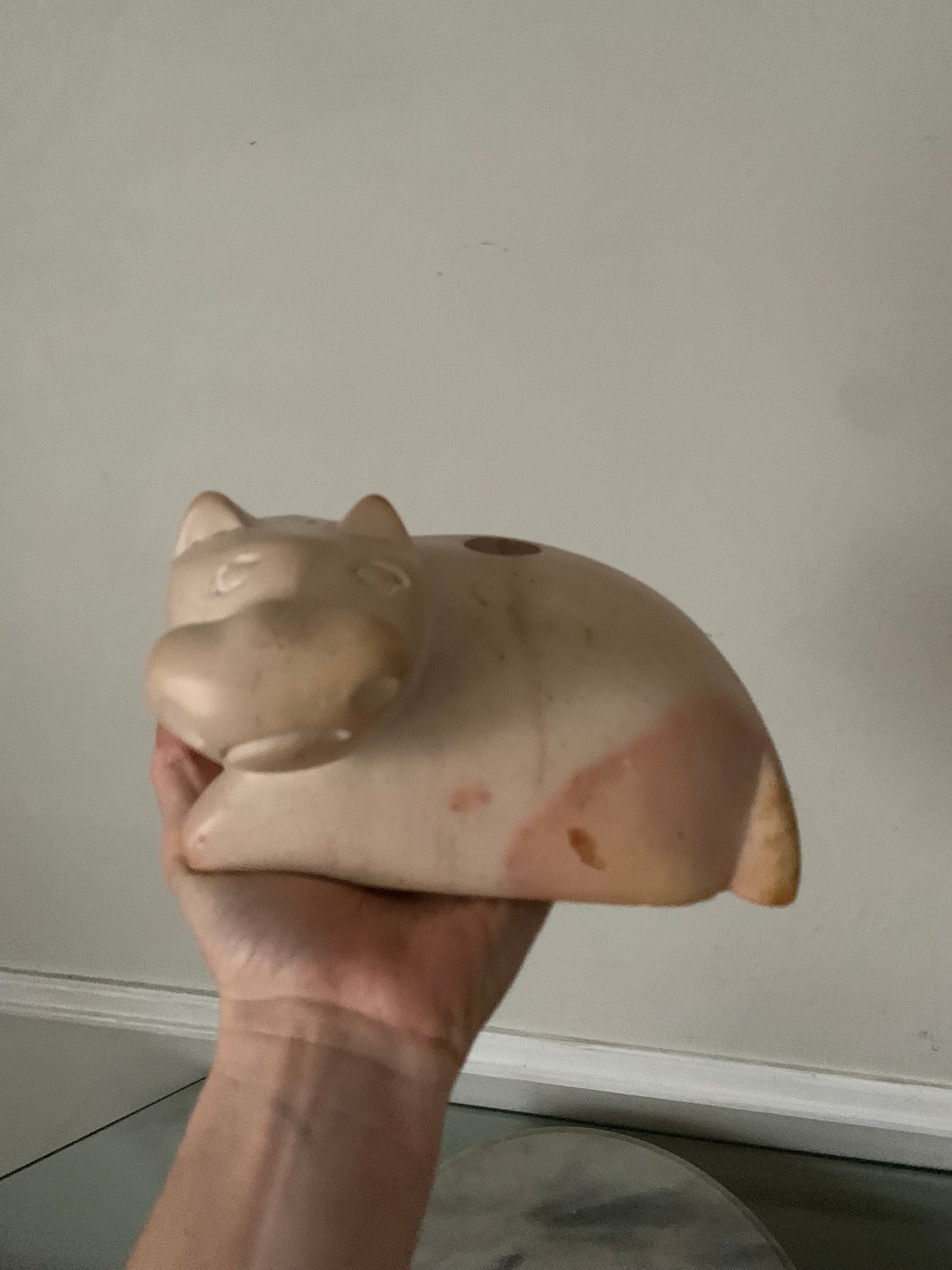 Retro Handcarved Pink Soapstone Hippo Candle Holder