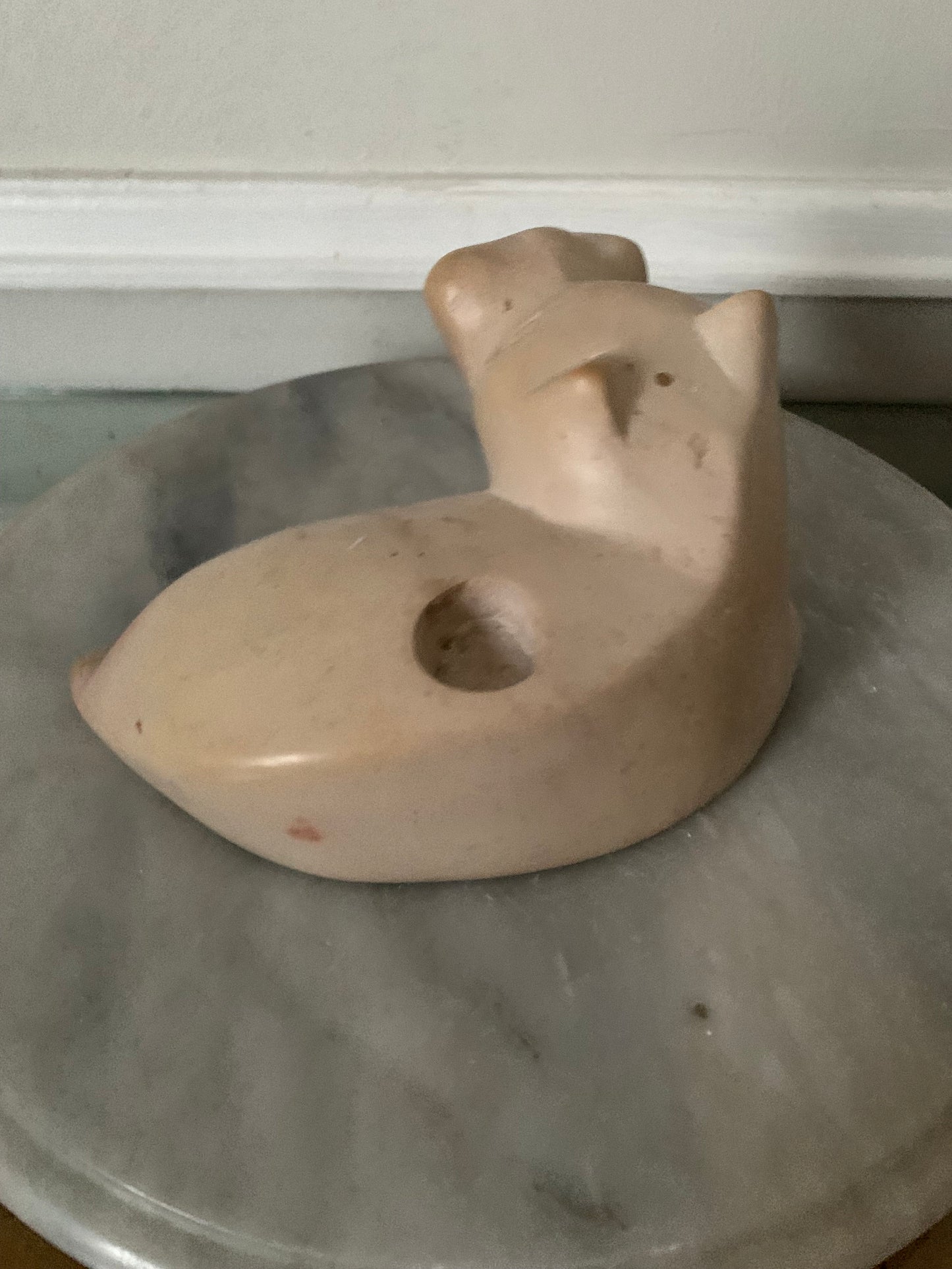 Retro Handcarved Pink Soapstone Hippo Candle Holder
