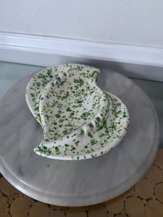 Vintage Handmade Speckled White and Green Ceramic Ashtray