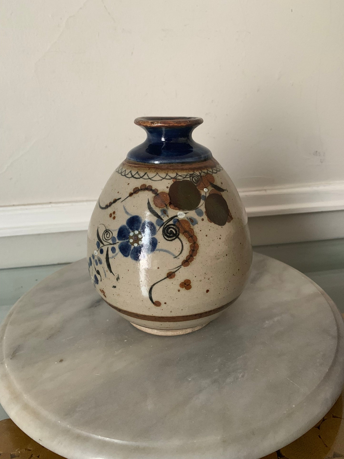 Retro Pottery Vase with Blue Flowers
