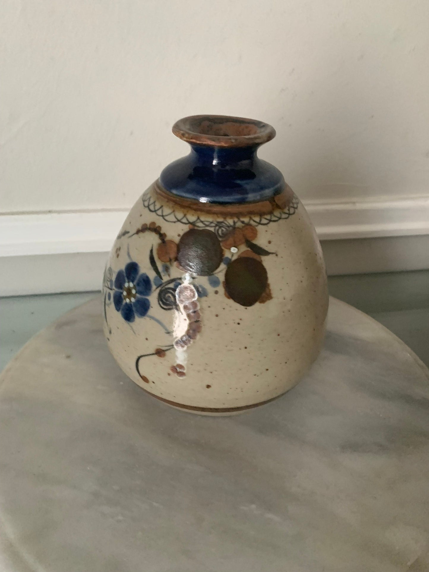 Retro Pottery Vase with Blue Flowers