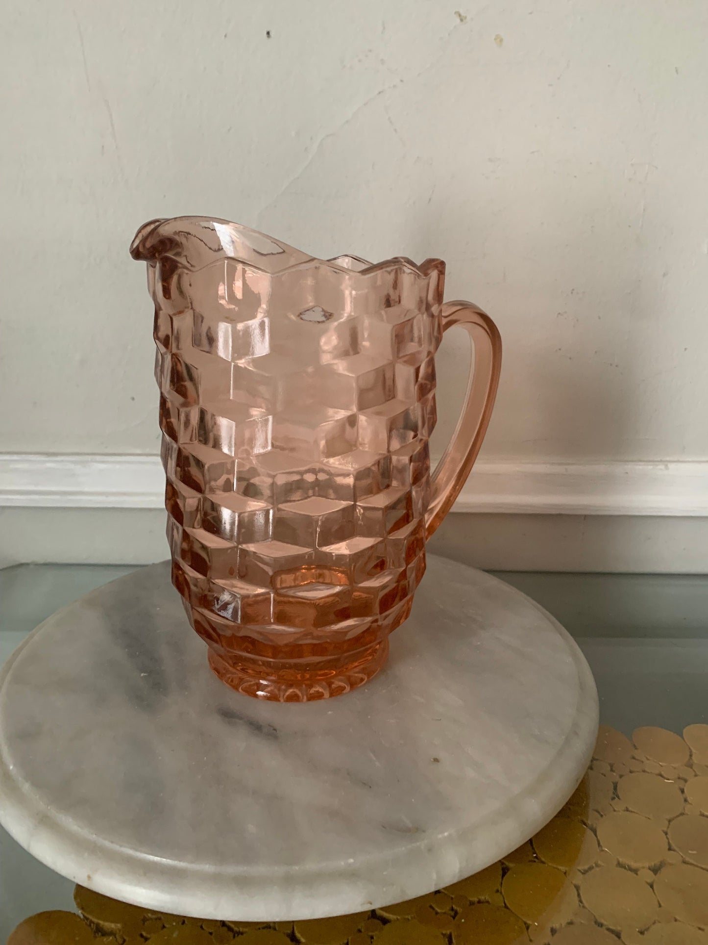 Vintage Small Pink Glass Pitcher with Thumbprint Pattern