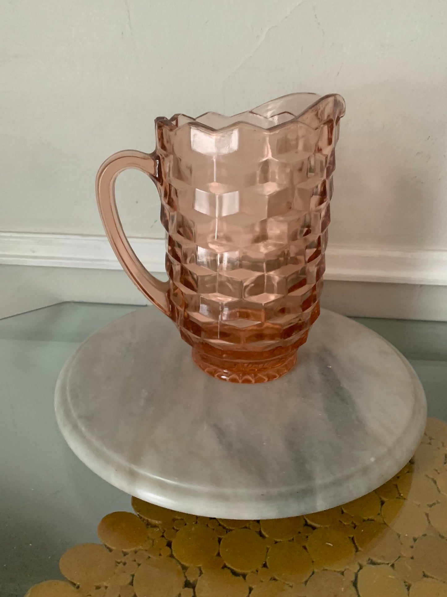 Vintage Small Pink Glass Pitcher with Thumbprint Pattern