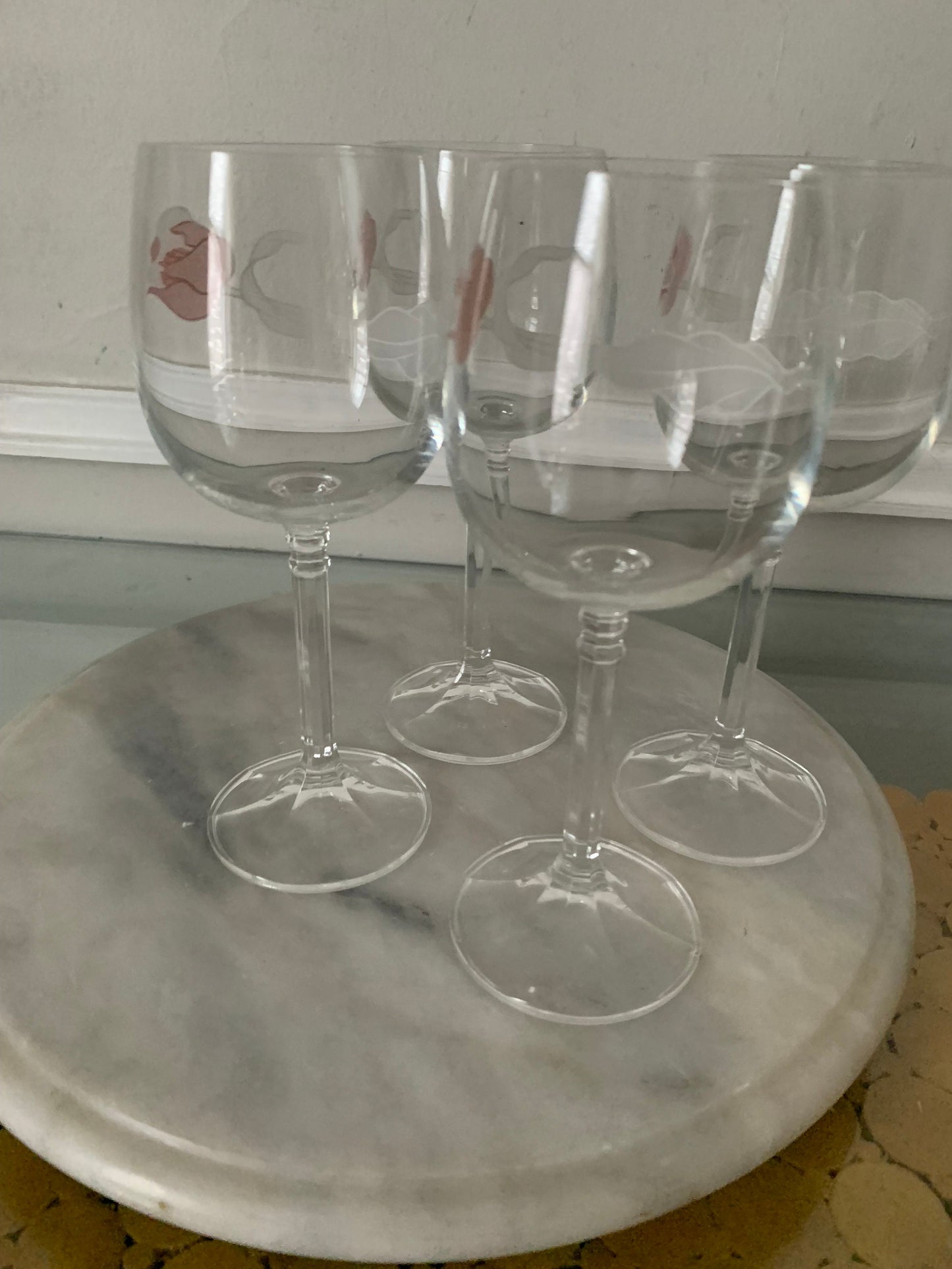 Set of 4 Vintage Czechoslovakian Bohemian Hand Painted Pink Tulip Crystal Wine Glasses
