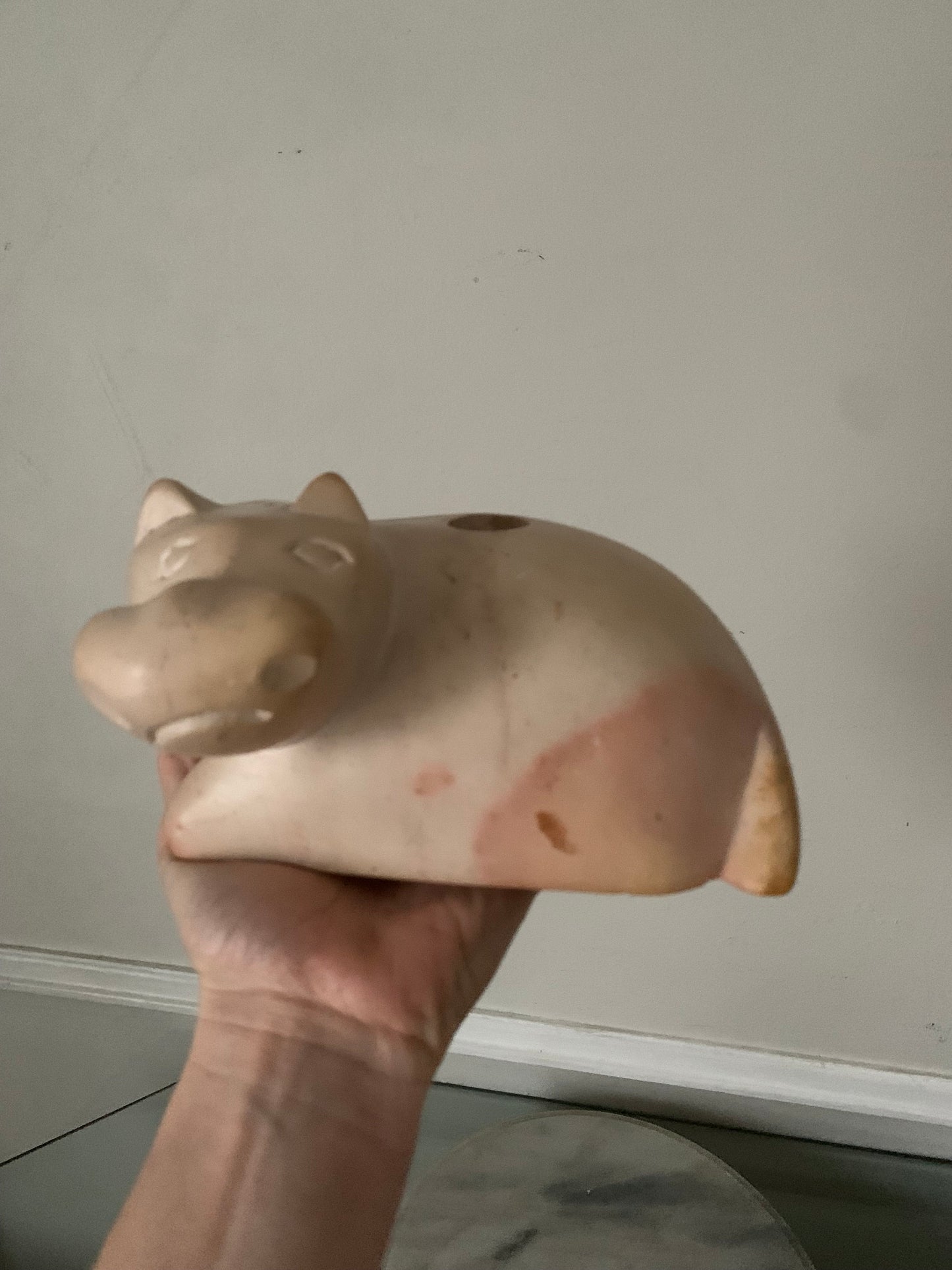 Retro Handcarved Pink Soapstone Hippo Candle Holder