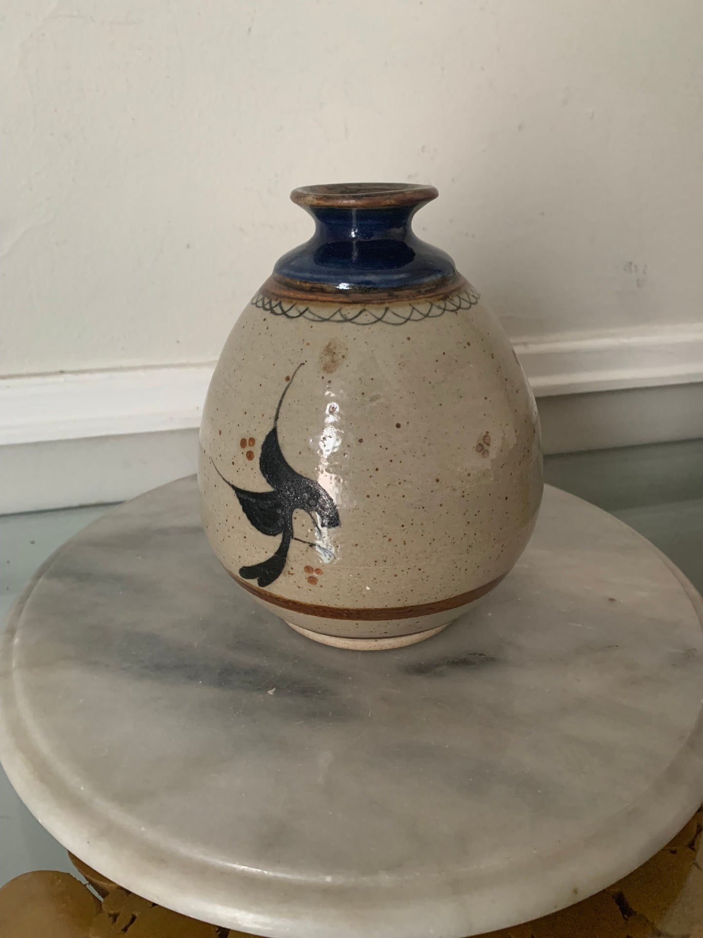 Retro Pottery Vase with Blue Flowers