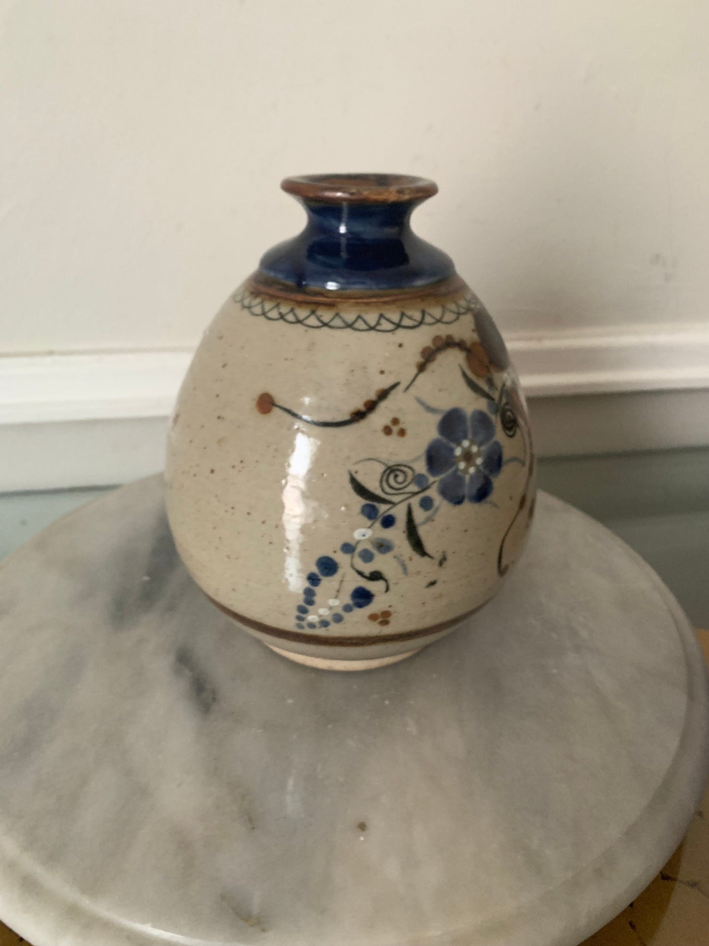 Retro Pottery Vase with Blue Flowers