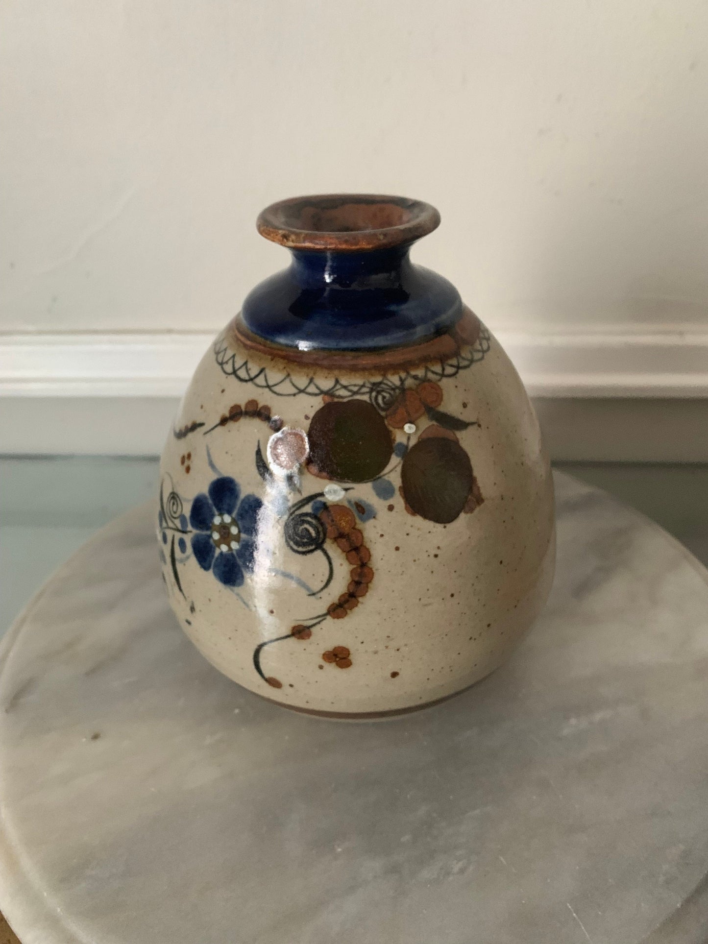 Retro Pottery Vase with Blue Flowers