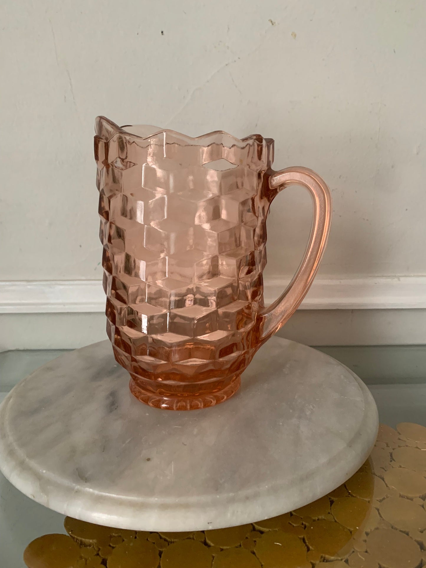 Vintage Small Pink Glass Pitcher with Thumbprint Pattern