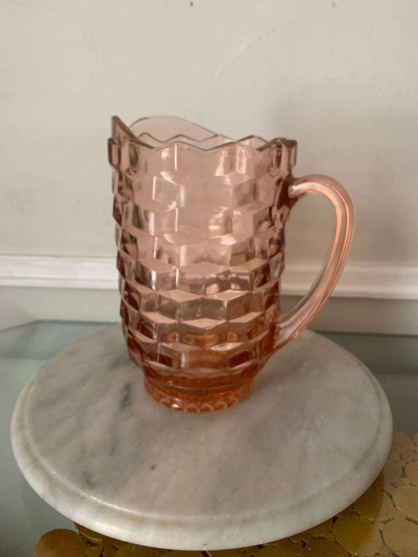 Vintage Small Pink Glass Pitcher with Thumbprint Pattern