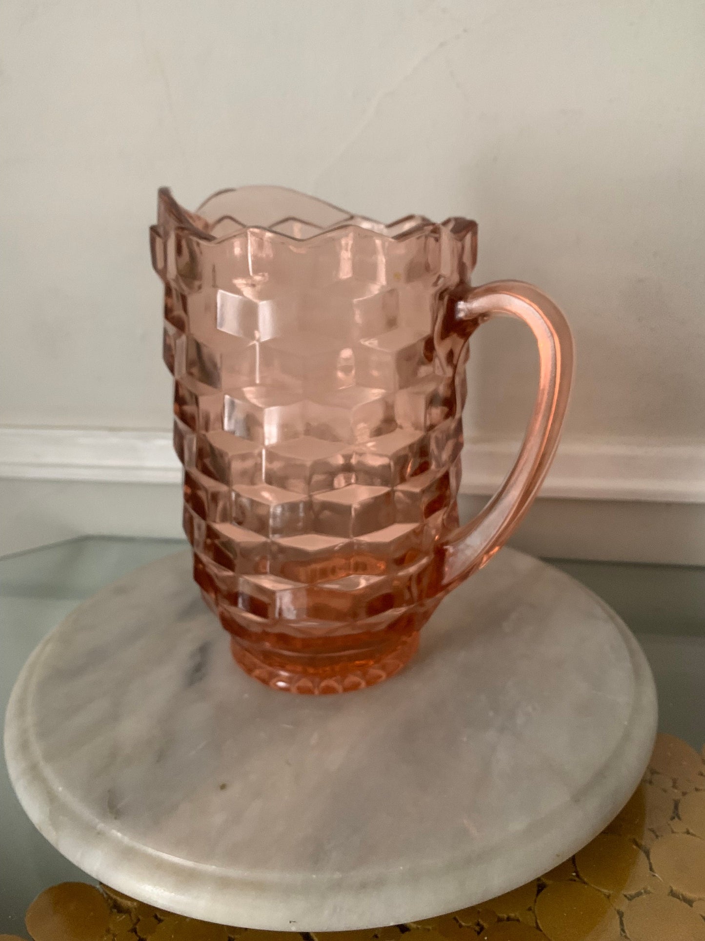 Vintage Small Pink Glass Pitcher with Thumbprint Pattern