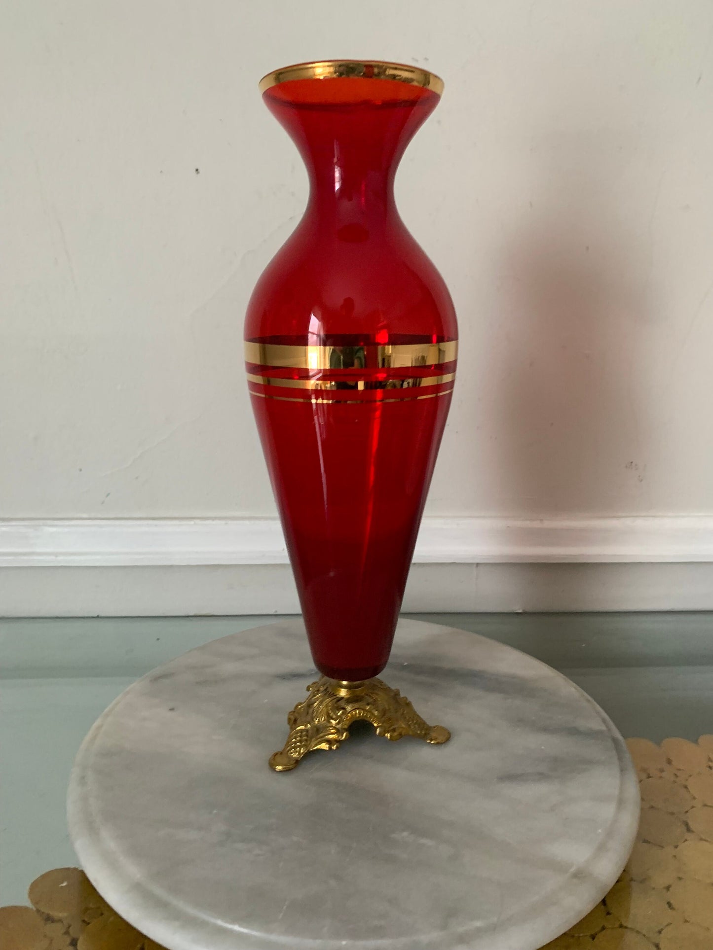 Vintage Tall Red Glass Vase with Gold Stripes and Brass Base