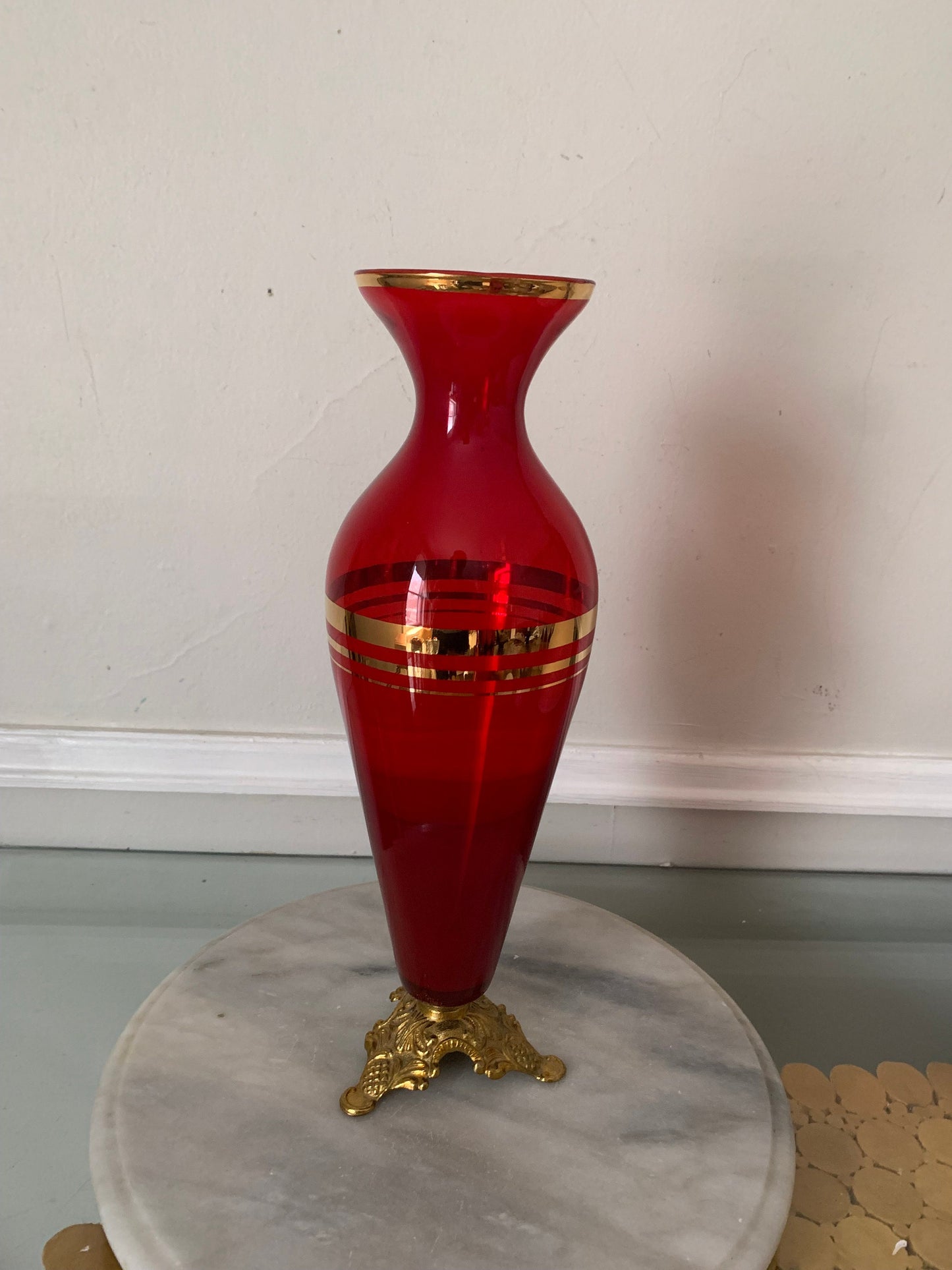 Vintage Tall Red Glass Vase with Gold Stripes and Brass Base