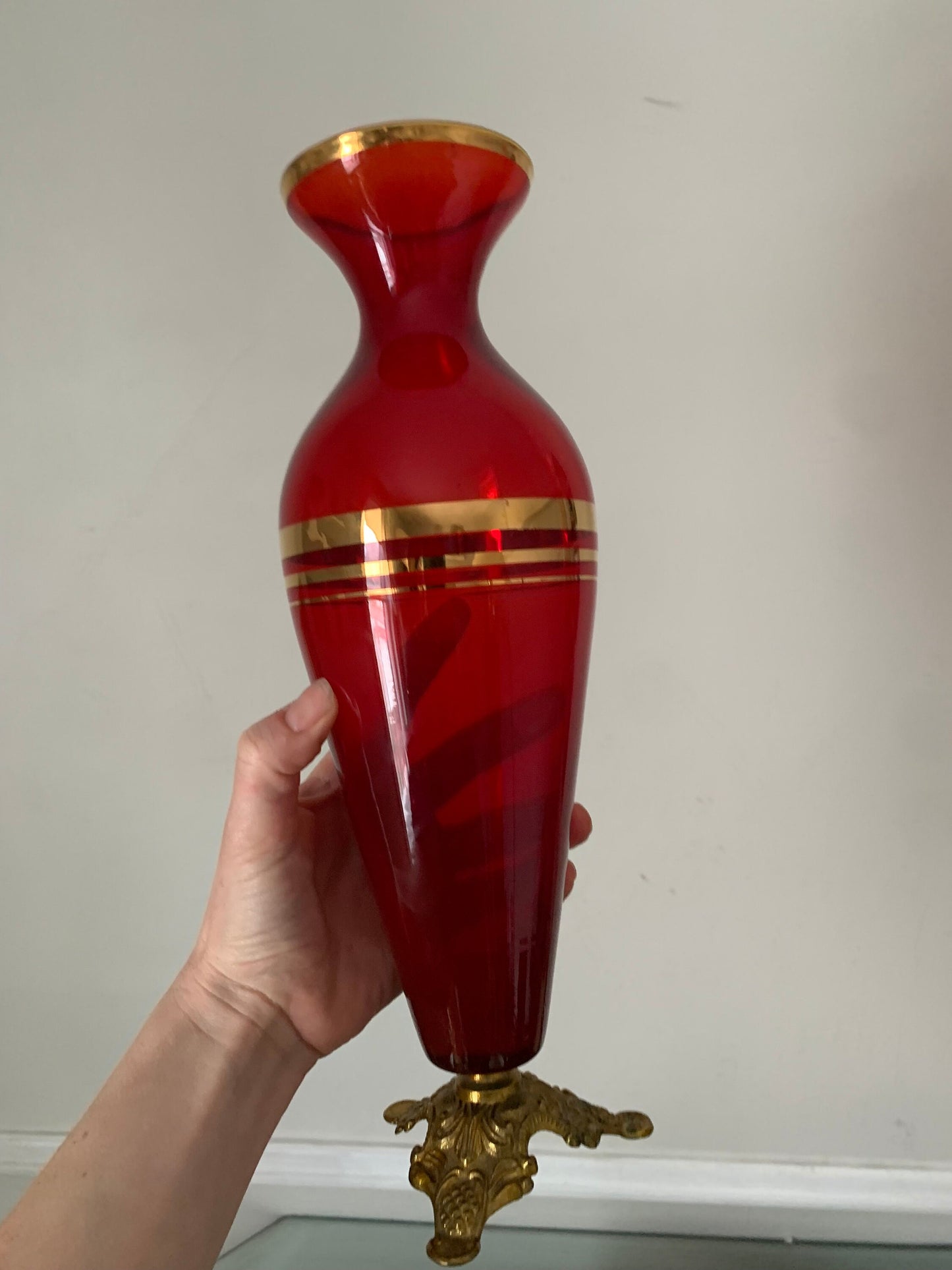 Vintage Tall Red Glass Vase with Gold Stripes and Brass Base