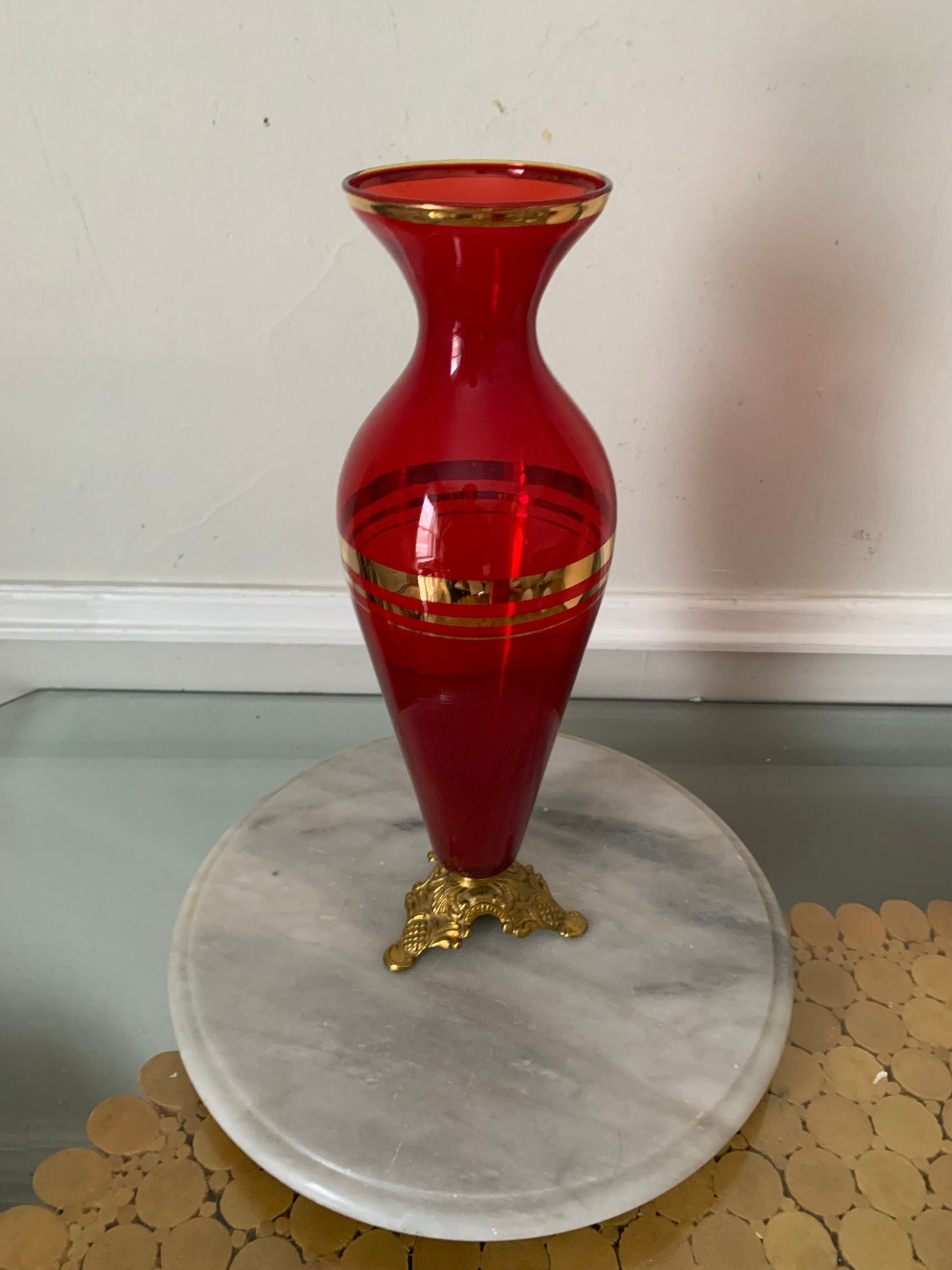 Vintage Tall Red Glass Vase with Gold Stripes and Brass Base