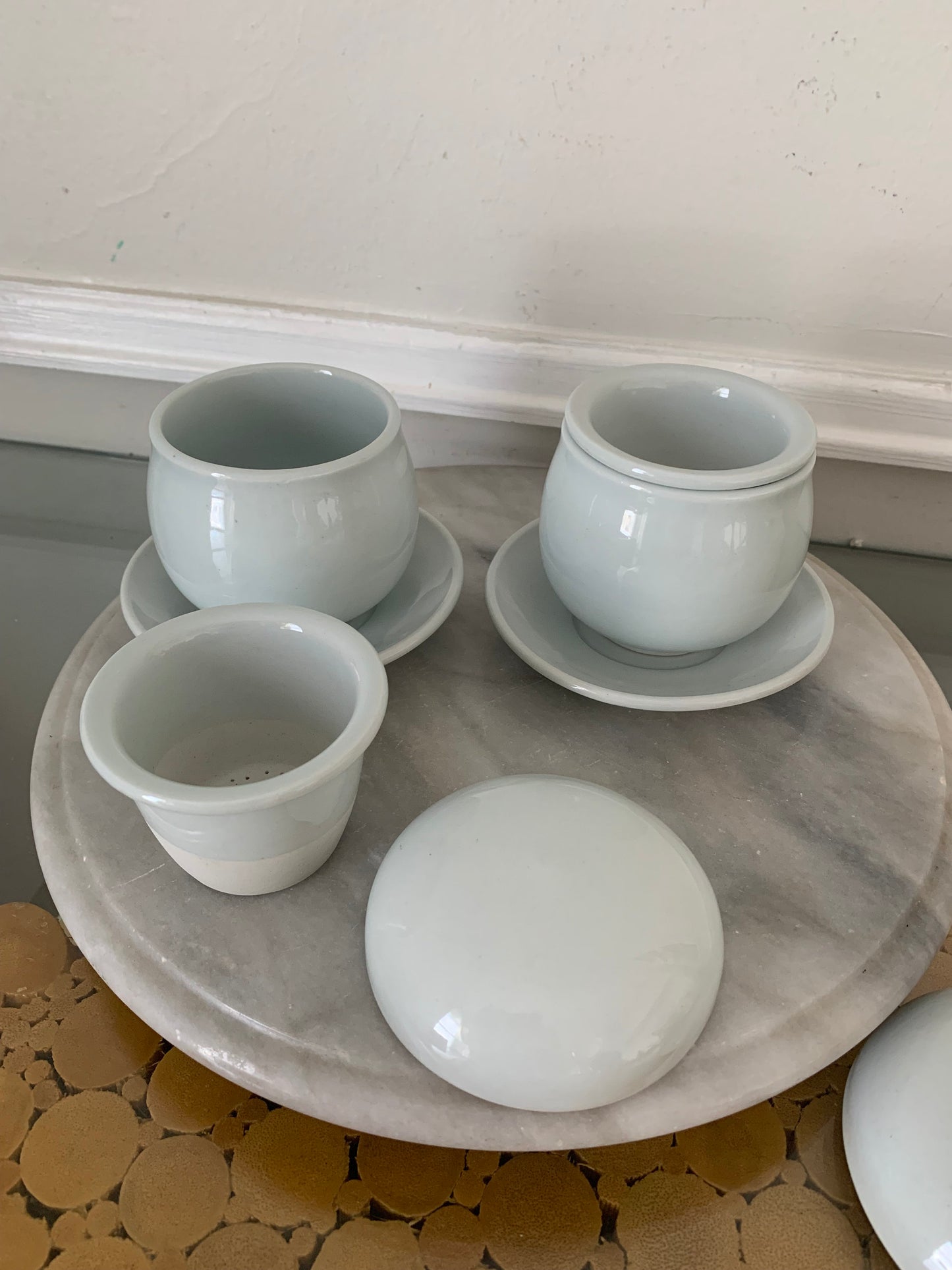 Pair of Pale Robins Egg Blue Ceramic Mushroom Mugs with Lids Strainers and Saucers