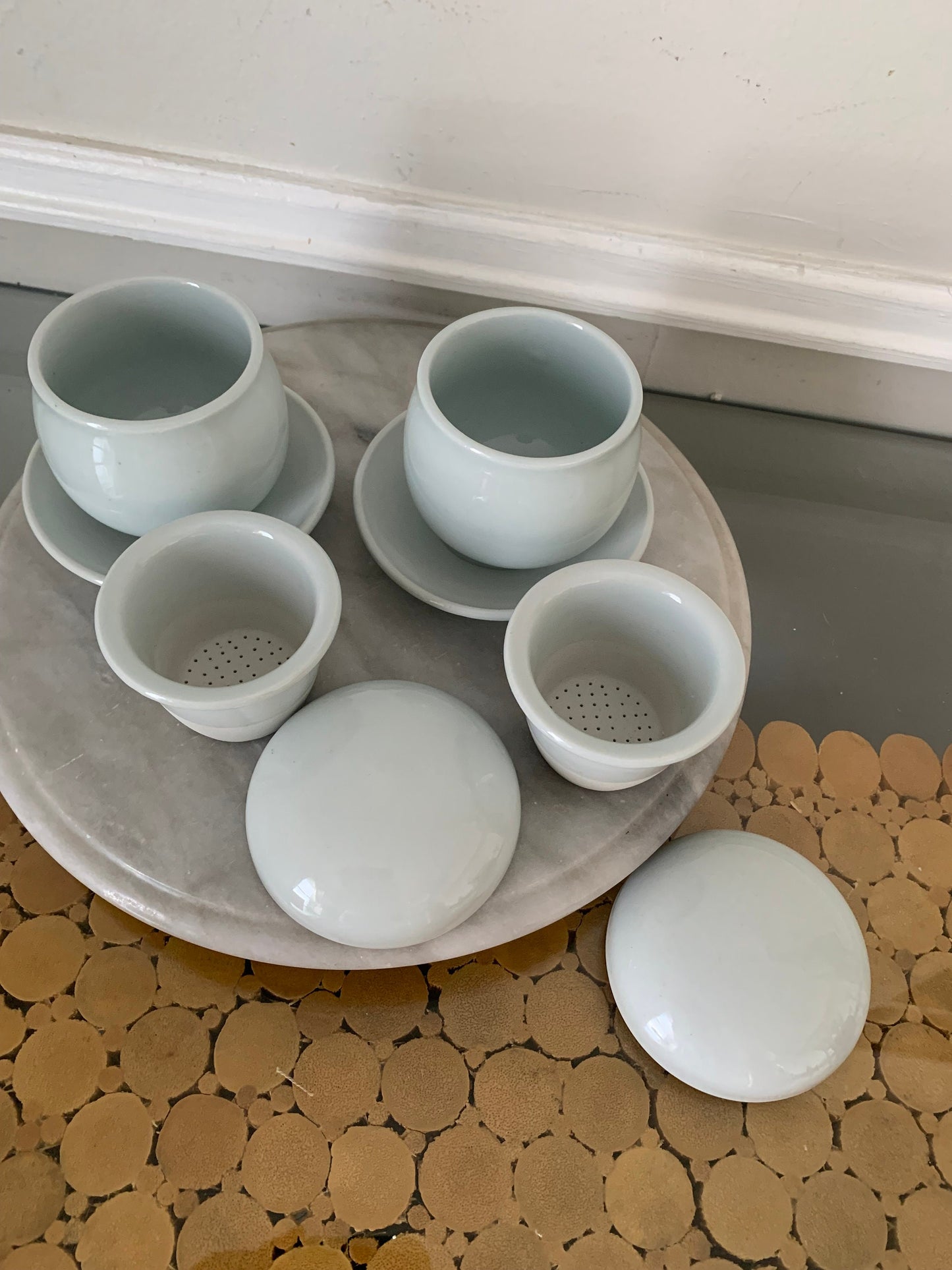 Pair of Pale Robins Egg Blue Ceramic Mushroom Mugs with Lids Strainers and Saucers