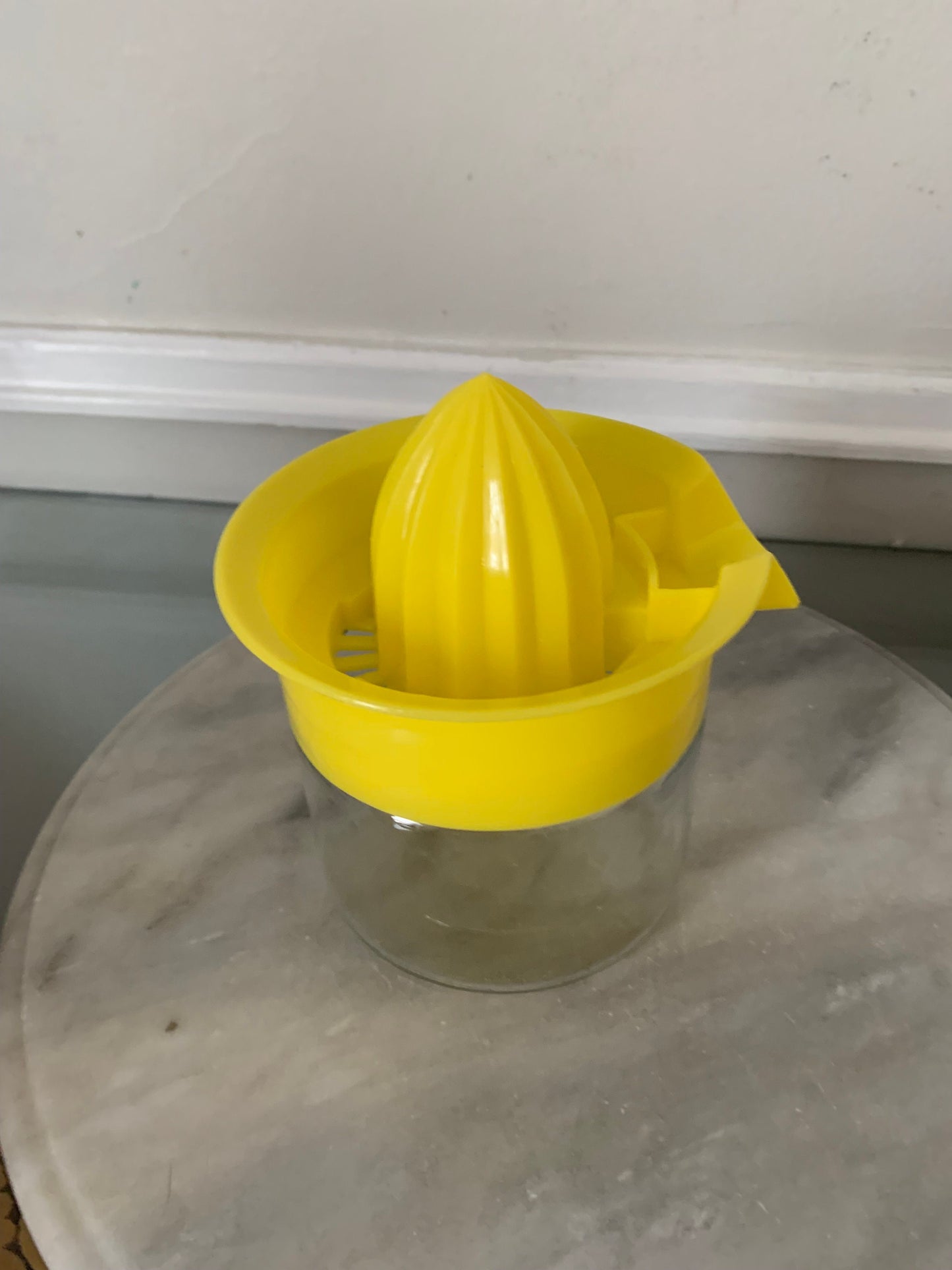 MCM Yellow Plastic and Glass Lidded Juicer