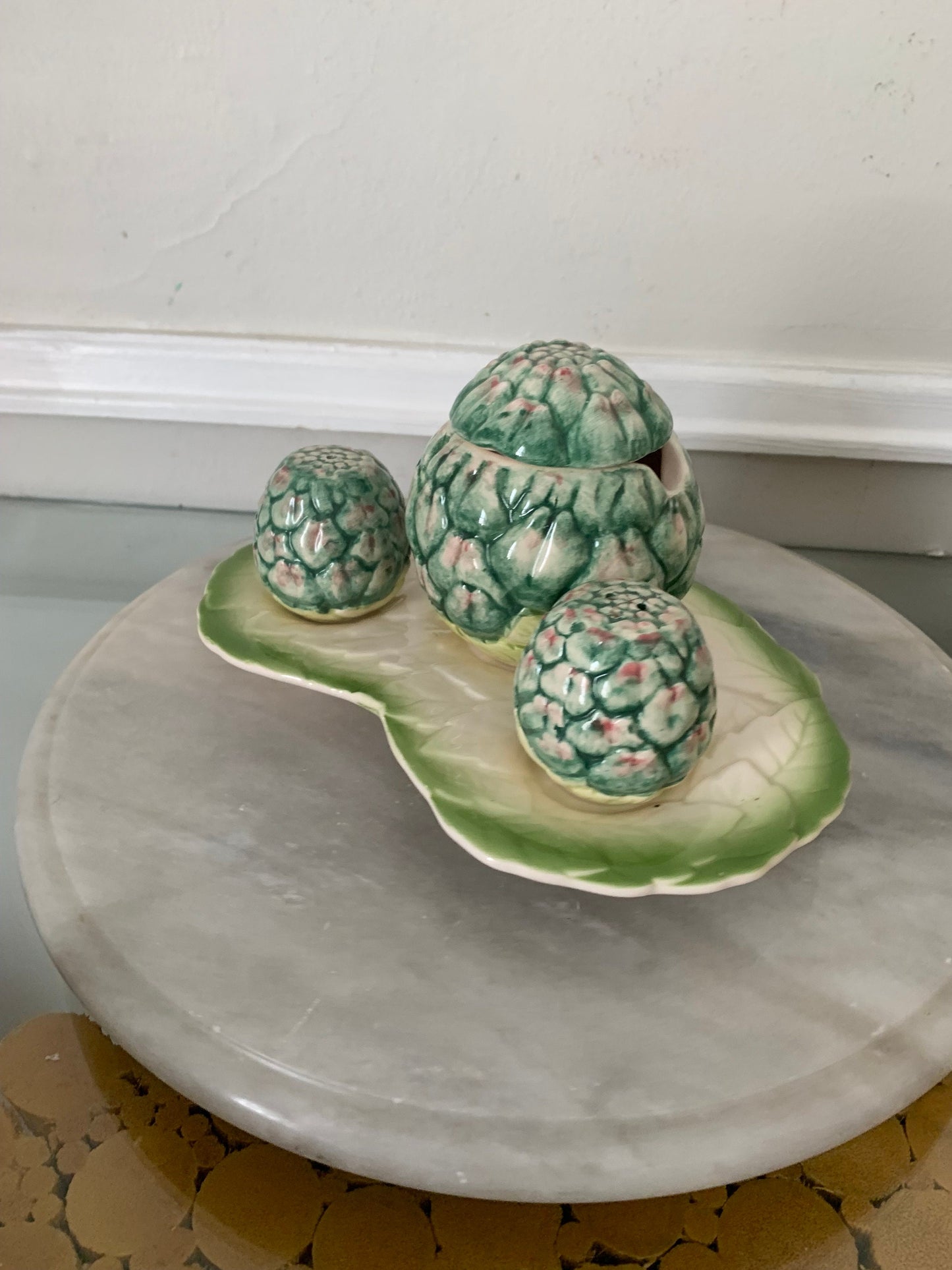 Vintage Set of 4 Pink and Green Ceramic Artichoke Salt and Pepper Sugar Set on  Plate Made in Korea