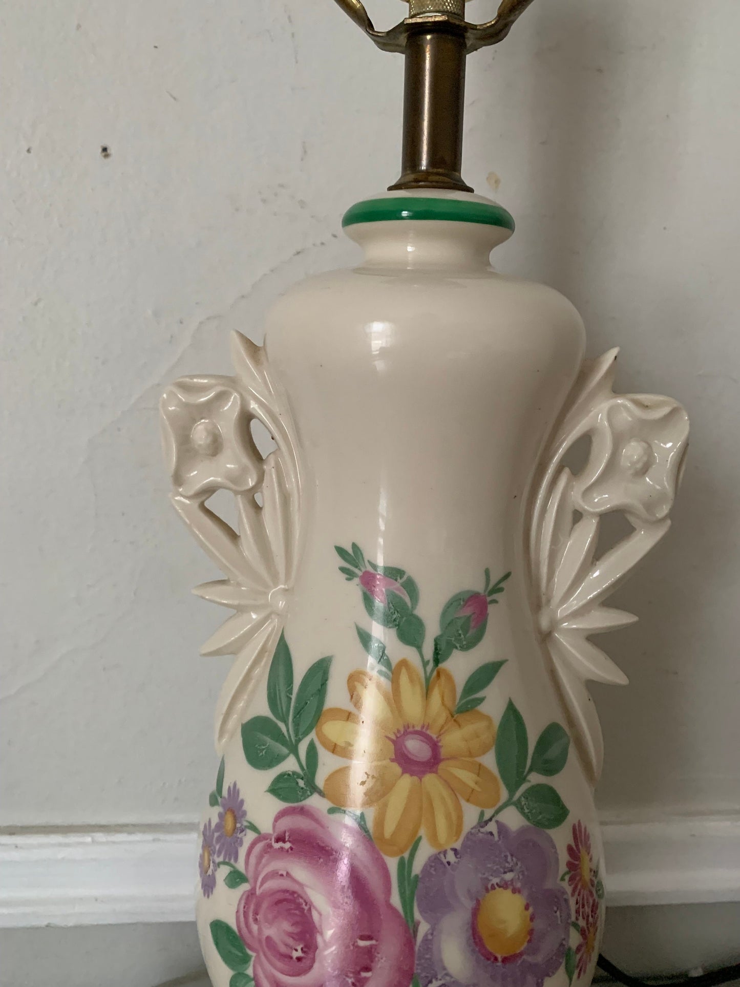 Vintage Medium Cream Ceramic Lamp with Painted Pastel Flowers Table Lamp No Shade