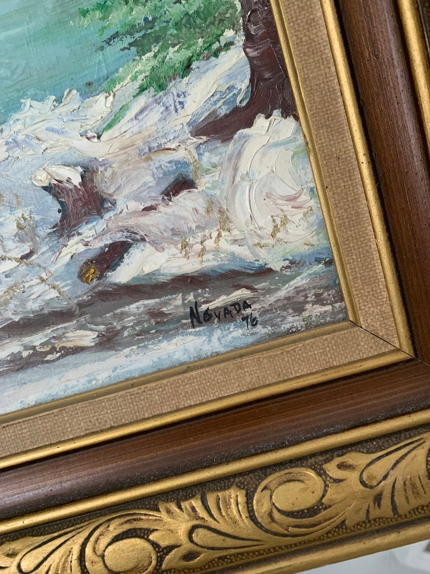 Vintage 1976 Bright Blue Winter Scene Painting in Solid Wood Frame