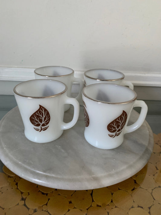 MCM Set of 4 Anchor Hocking Fire King Mug Brown Leaf Pattern Silver Rim Mugs