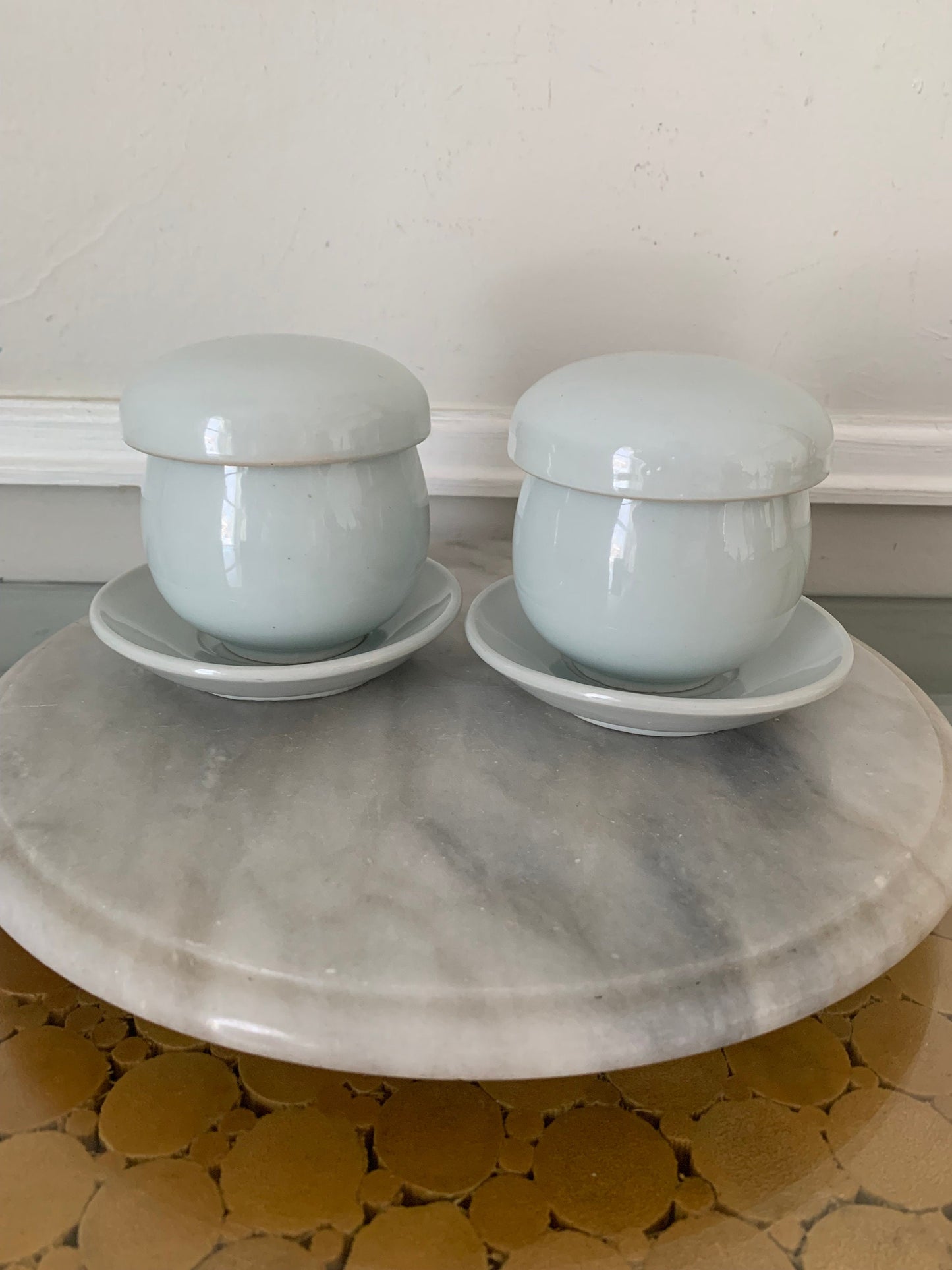 Pair of Pale Robins Egg Blue Ceramic Mushroom Mugs with Lids Strainers and Saucers