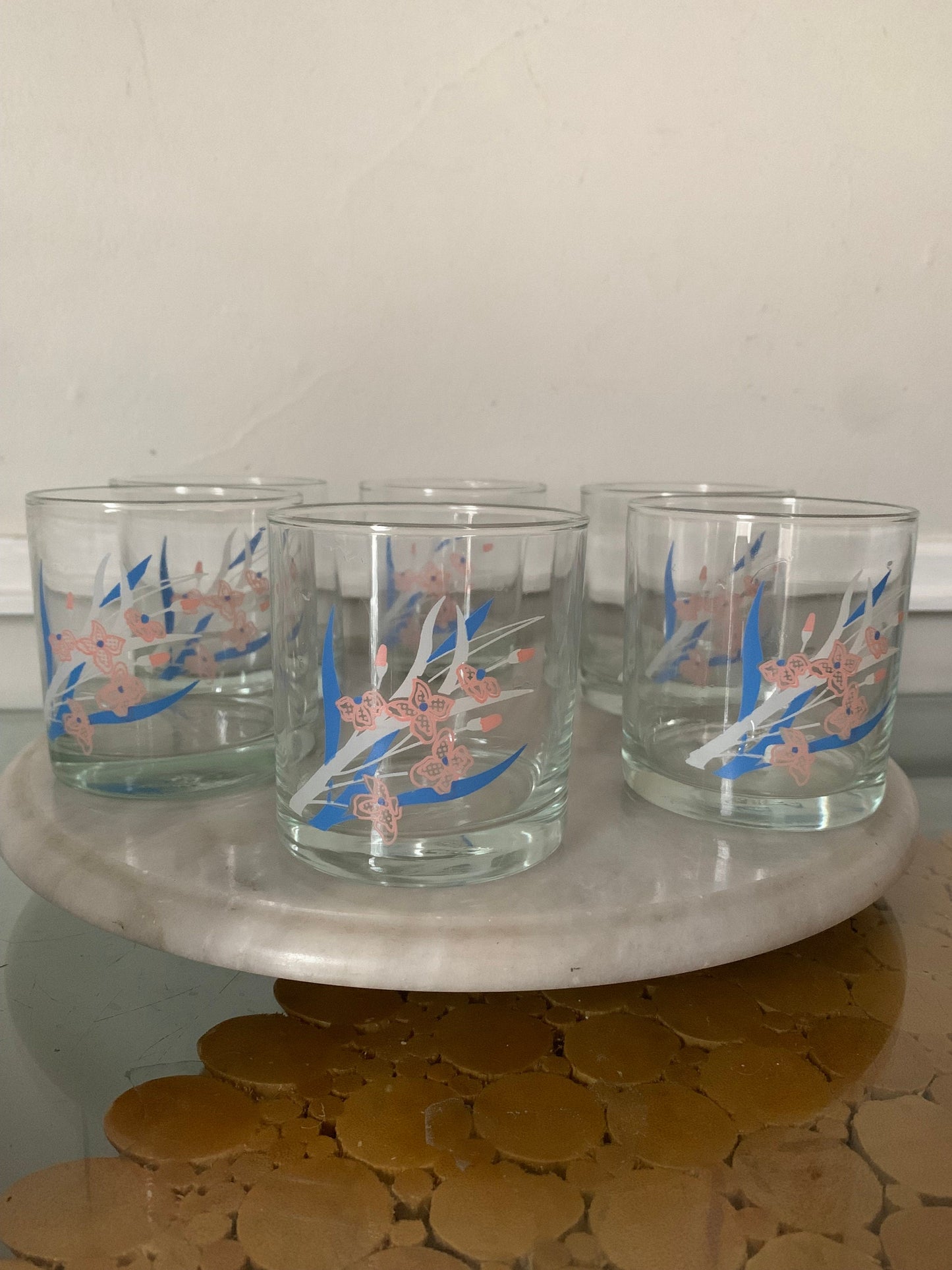 Set of 6 Retro Pink and Blue Flower Low Ball Glasses