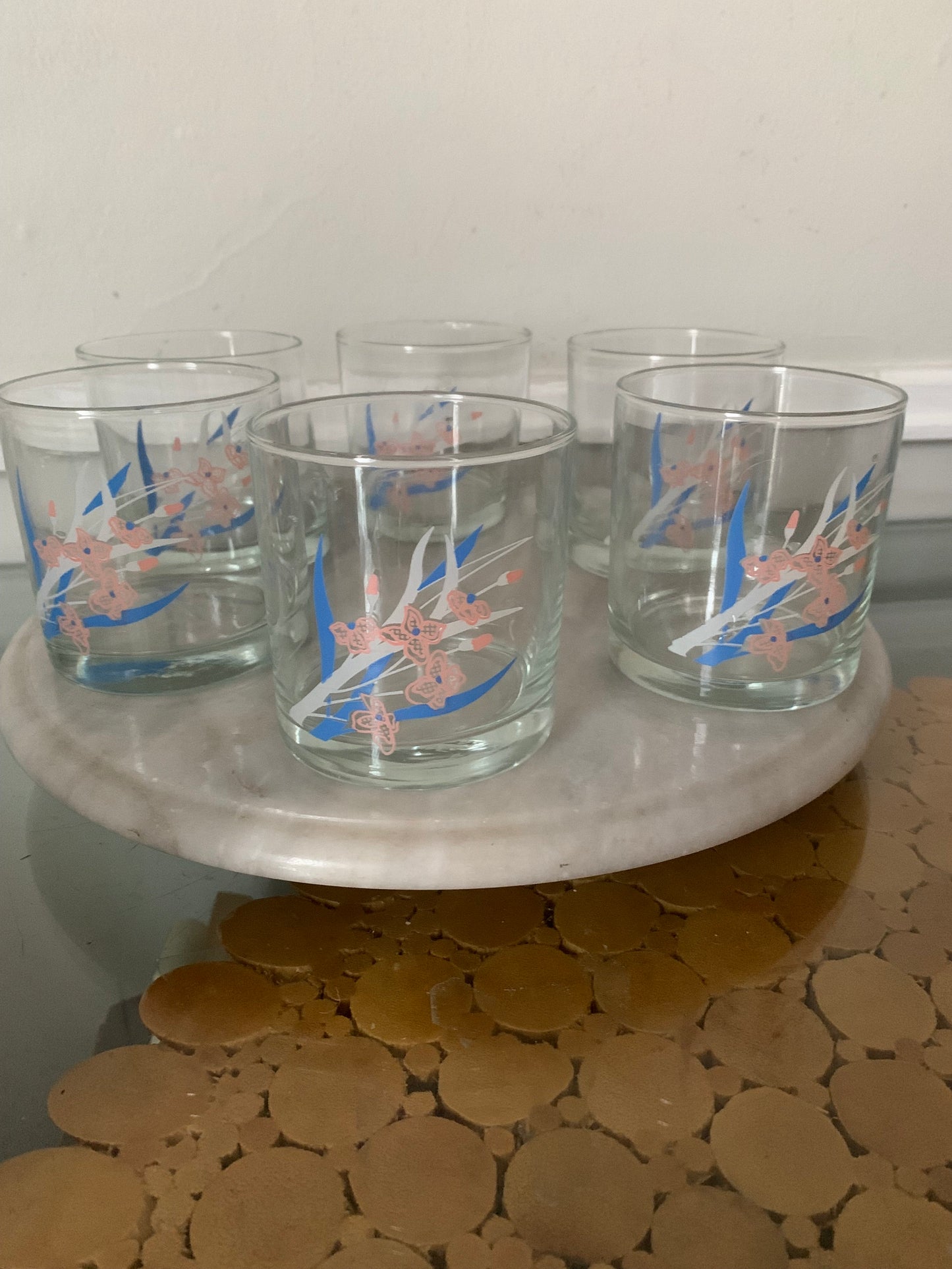 Set of 6 Retro Pink and Blue Flower Low Ball Glasses