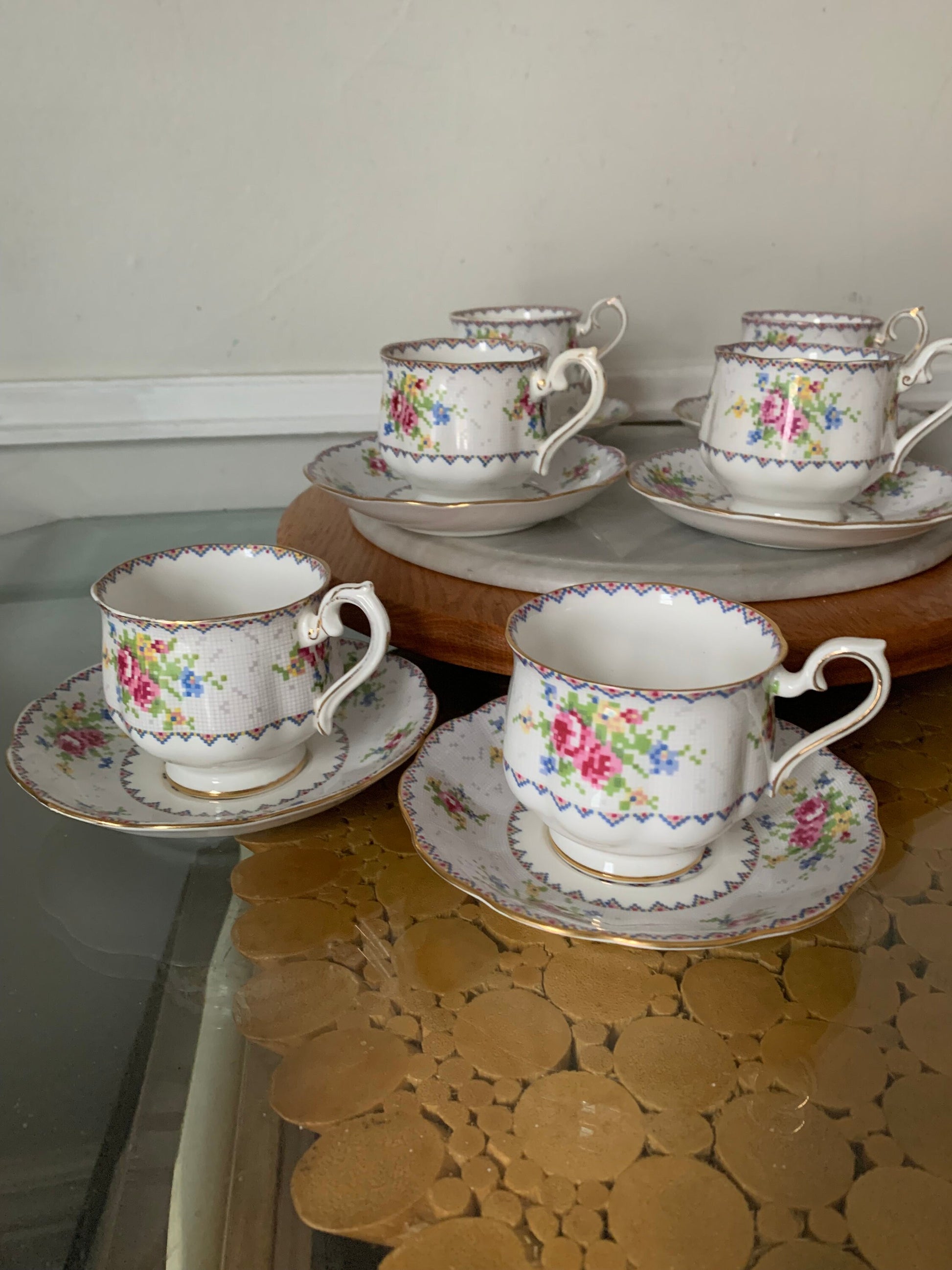 Set of Royal Albert Petit Point Bone China Teacups and Saucers Made in England