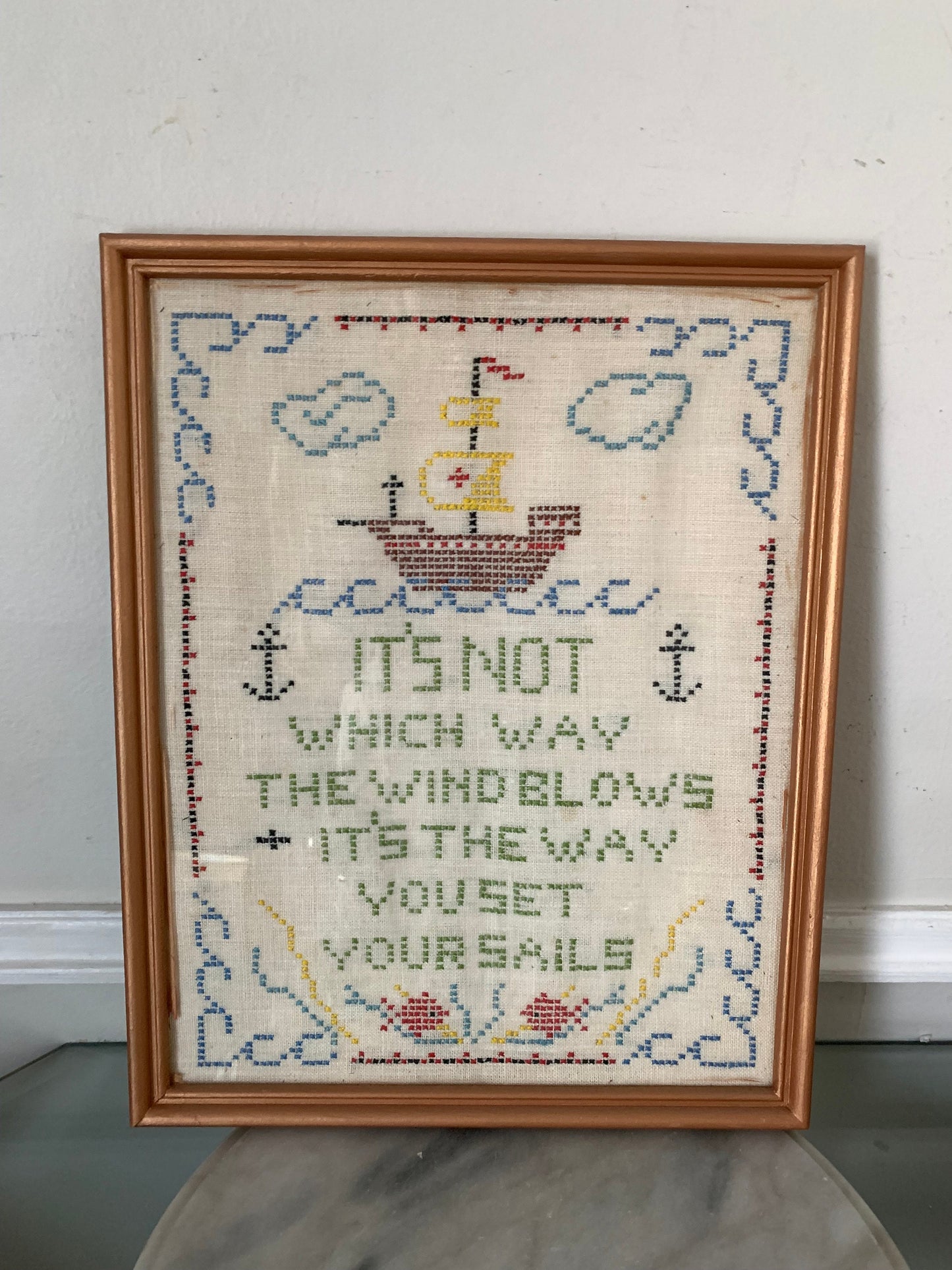 Medium Vintage Rectangular Embroidered It's Not Which Way the Wind Blows In Wood Frame