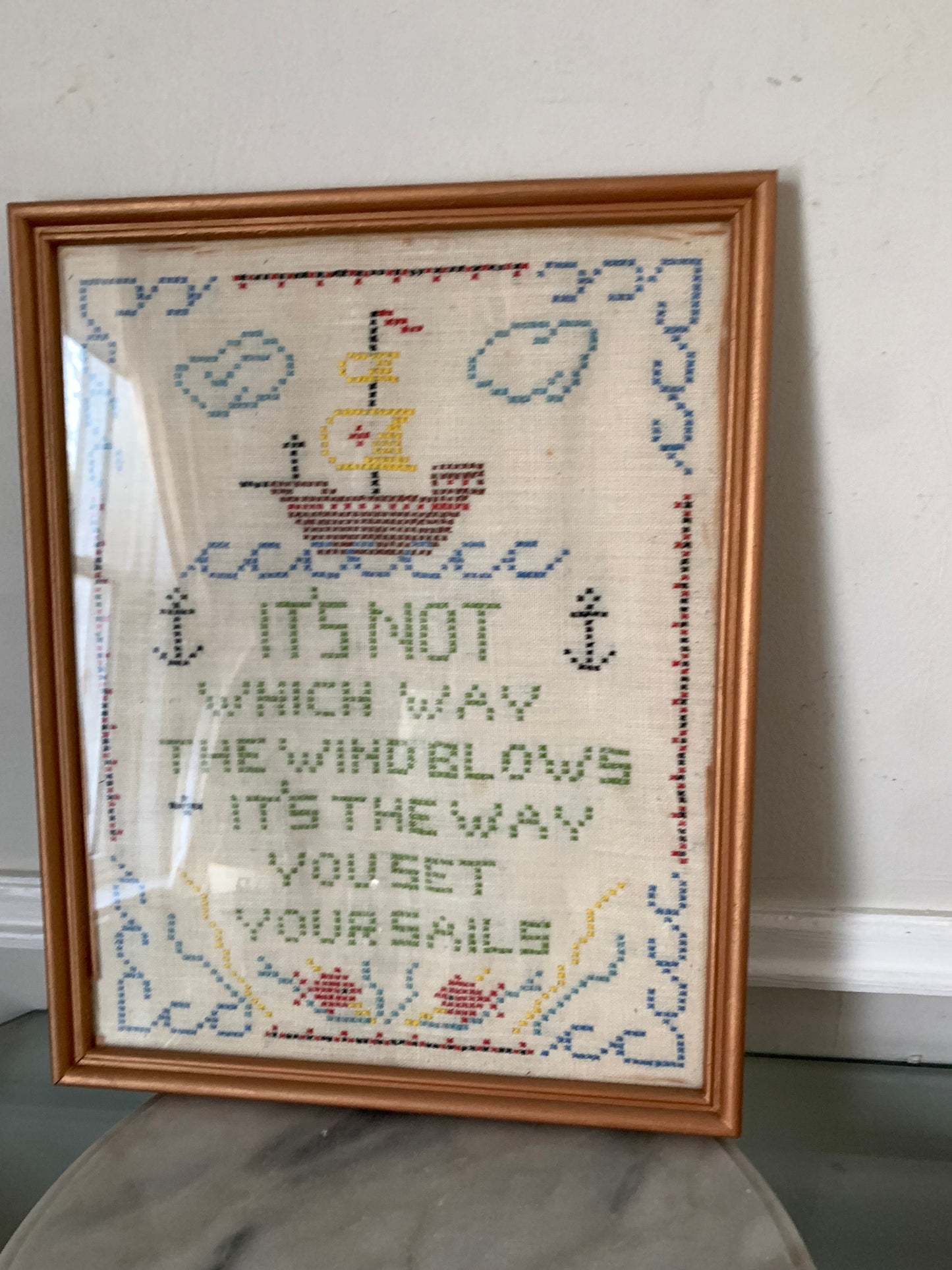 Medium Vintage Rectangular Embroidered It's Not Which Way the Wind Blows In Wood Frame