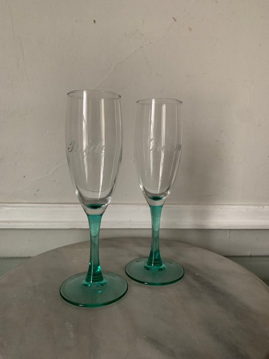 Pair of Retro Turquoise Stem Bride and Groom Champagne Glasses