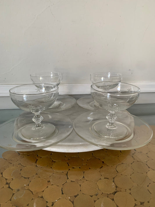 MCM Set of 4 Clear Etched Starbursts Dessert Glasses with Saucers