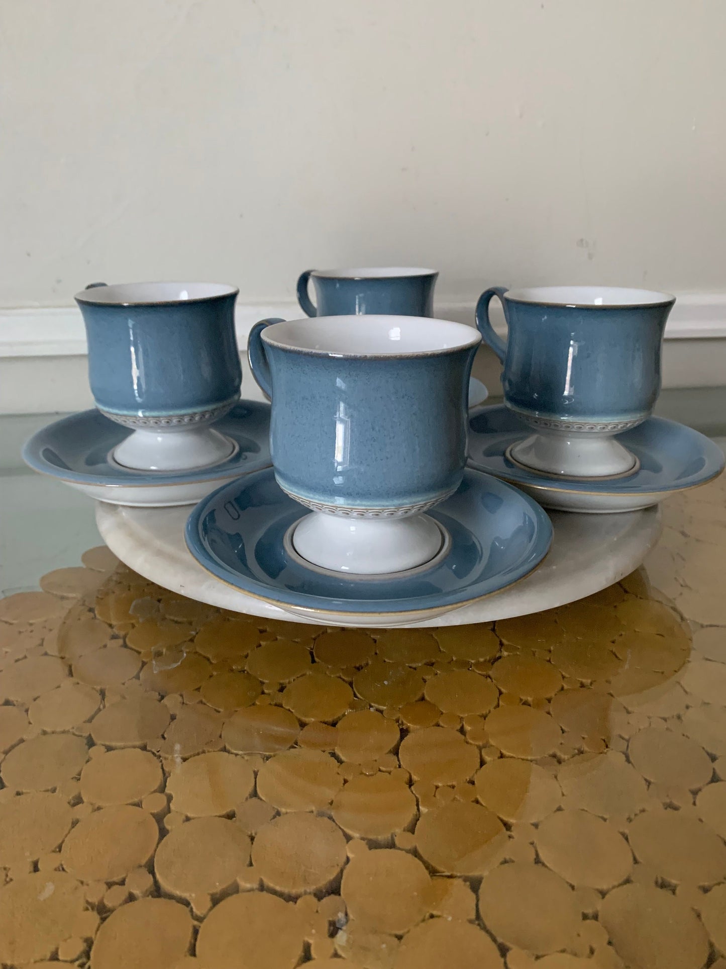 Retro Set of 4 Denby Castile Blue Pedestal Coffee Mugs and Saucer Set Made in England 2 Sets Available