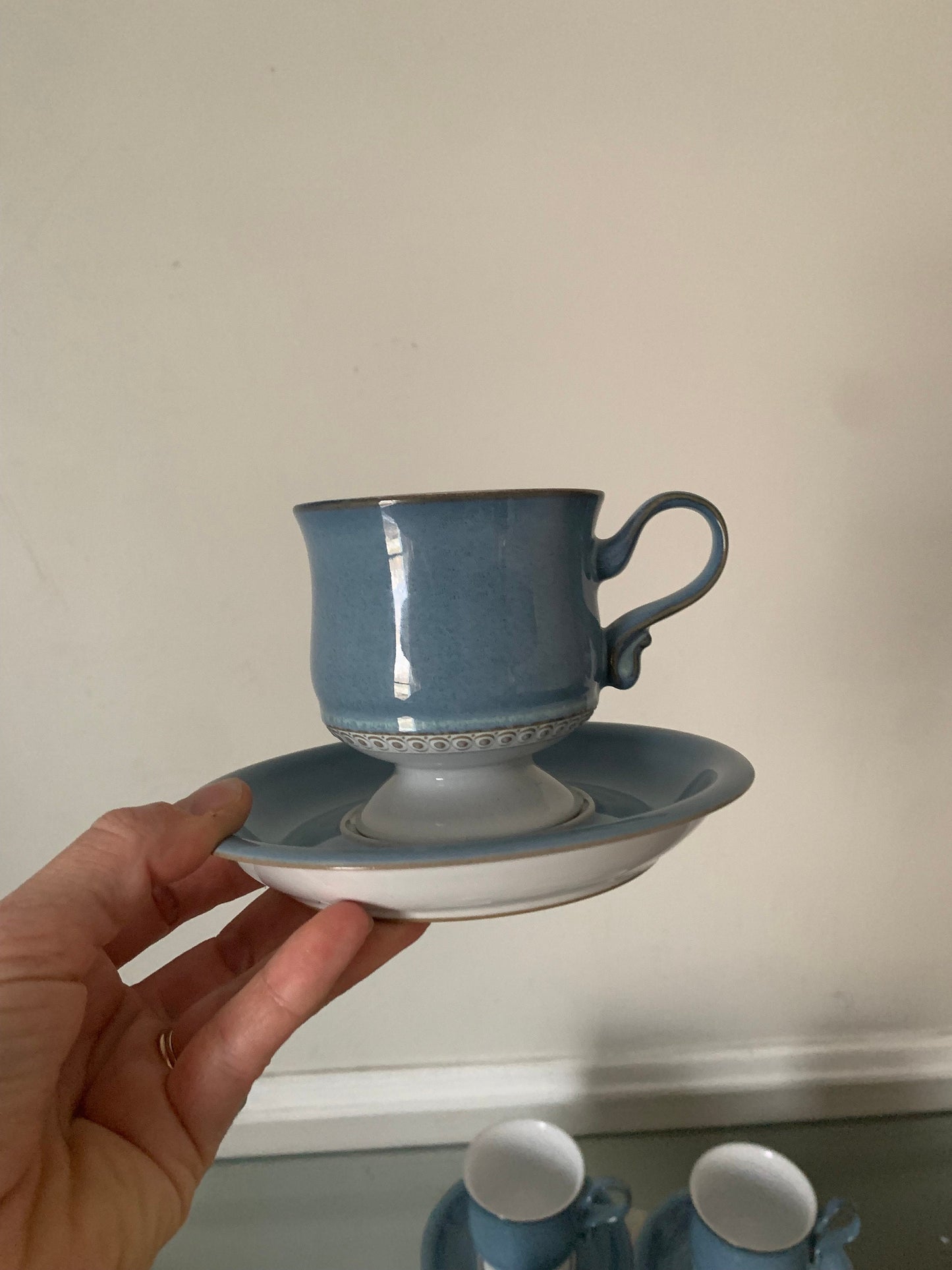 Retro Set of 4 Denby Castile Blue Pedestal Coffee Mugs and Saucer Set Made in England 2 Sets Available