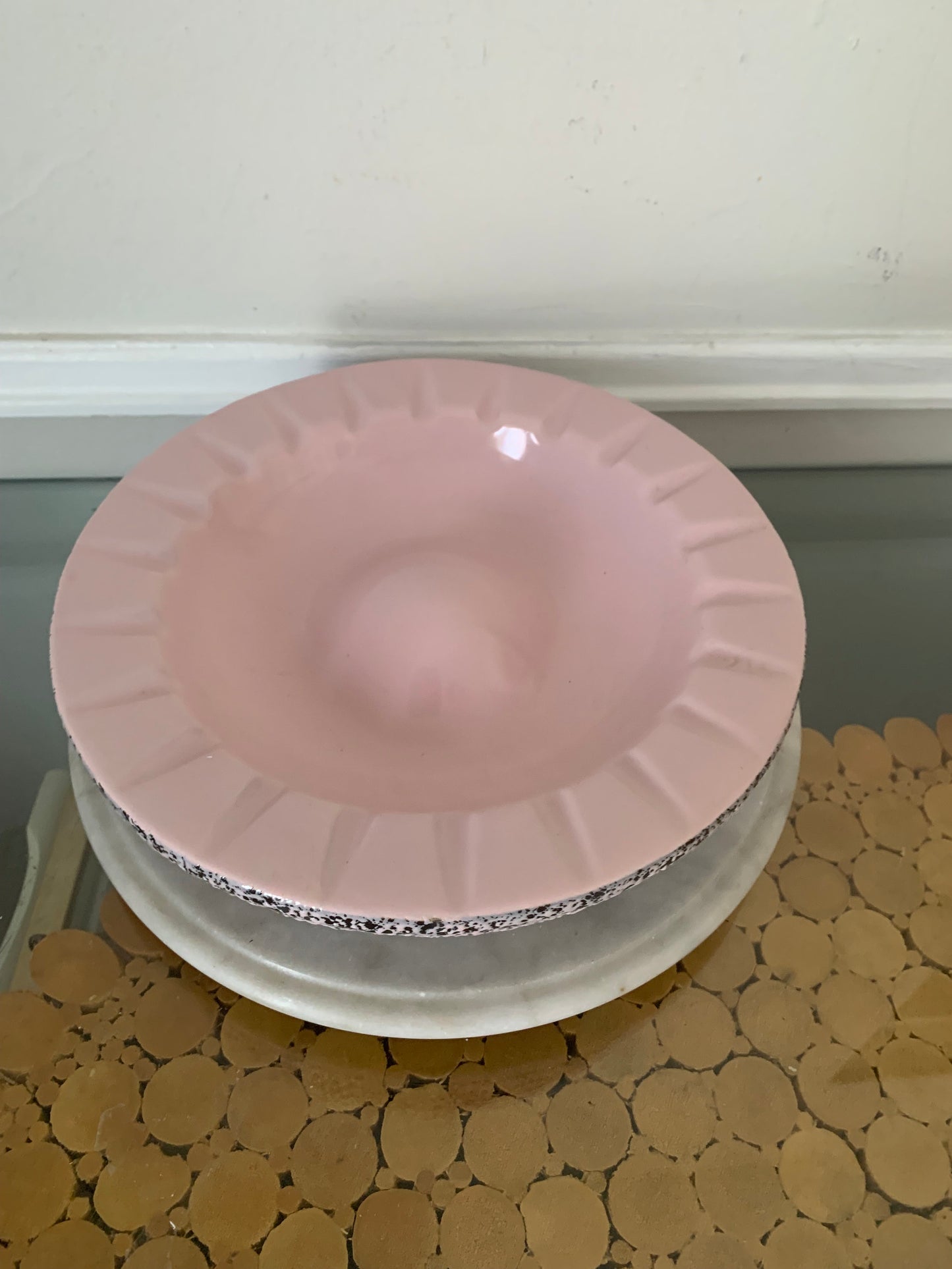 Large MCM Pink Kenwood Pottery Ashtray with Black Confetti Finish