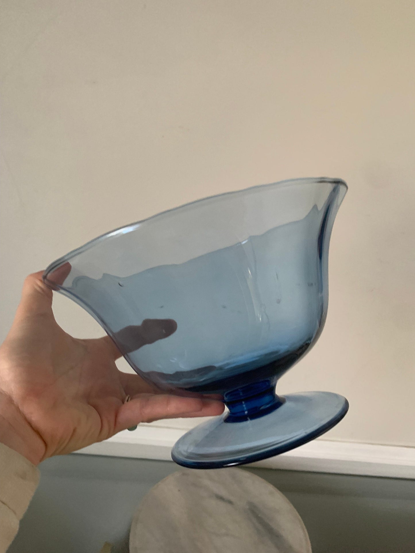 Vintage Clear Deep Blue Pedestal Glass Bowl