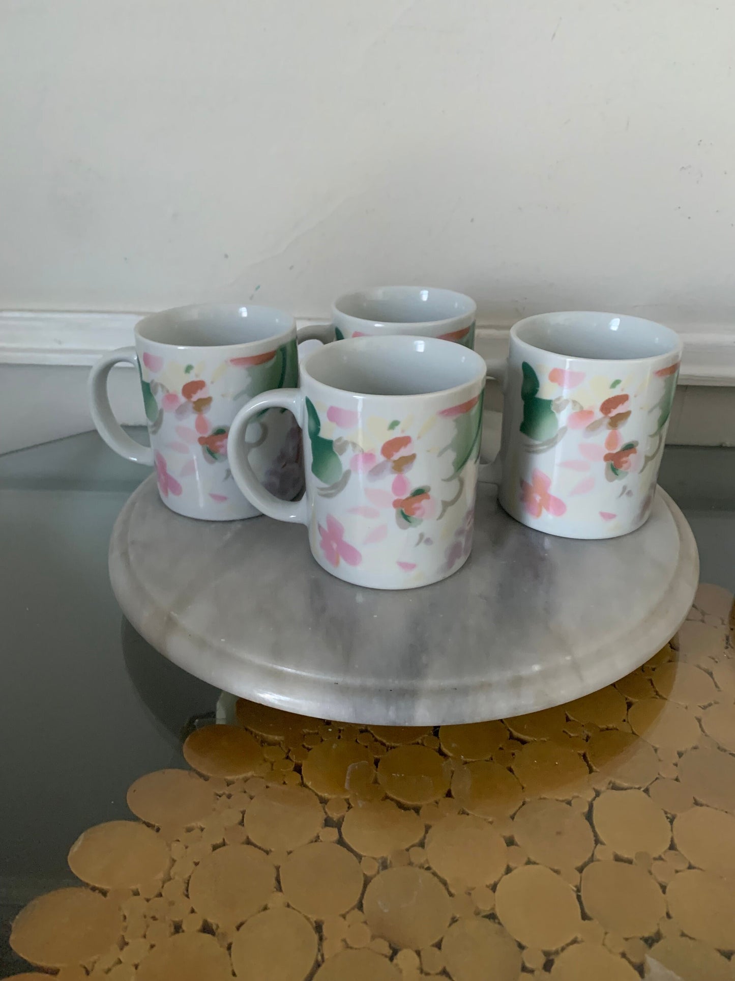 Set of 4 Retro Muted Pastel Floral Ceramic Mugs