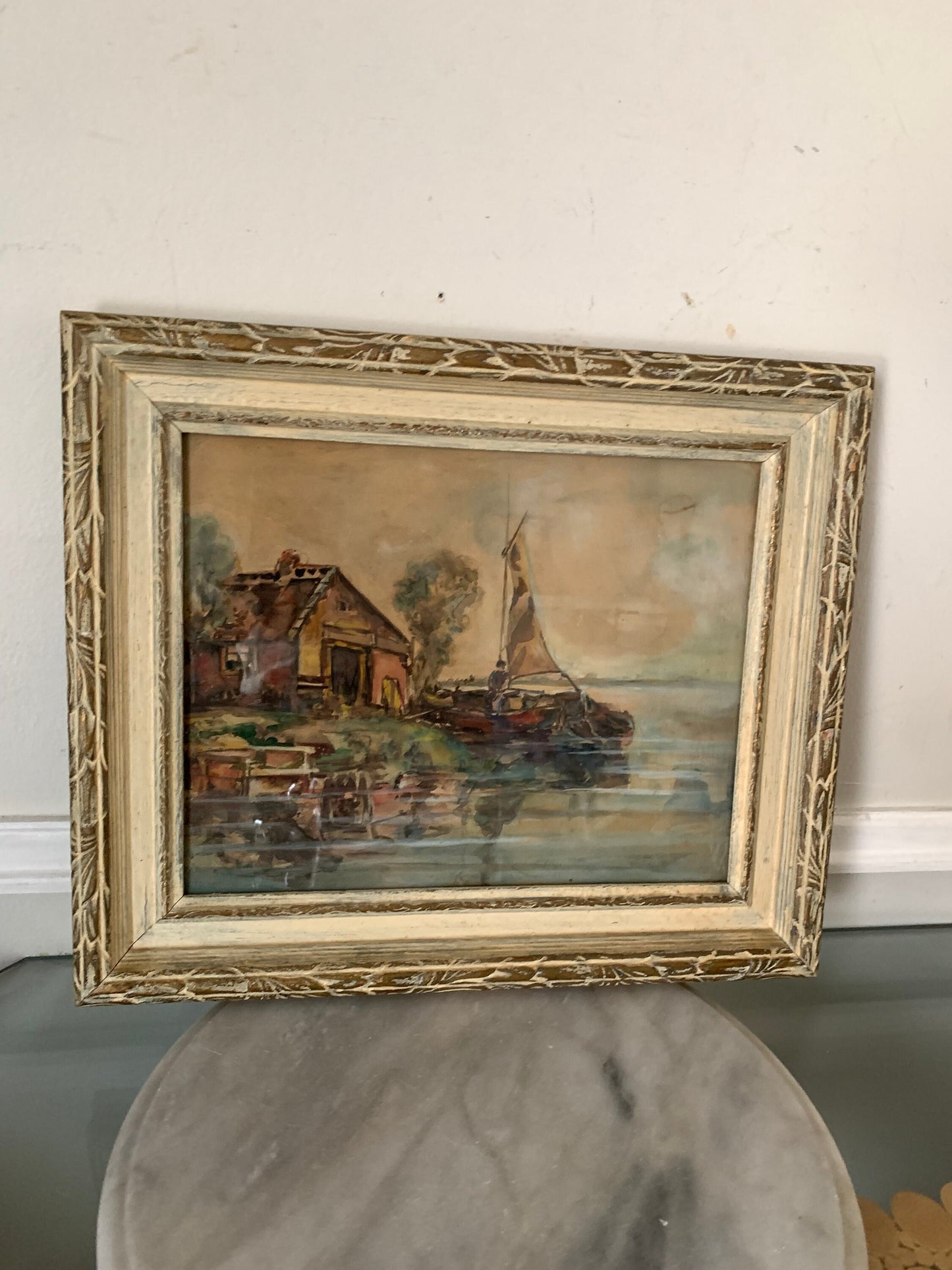 Medium Vintage Sailboat Painting in Solid Wood Frame