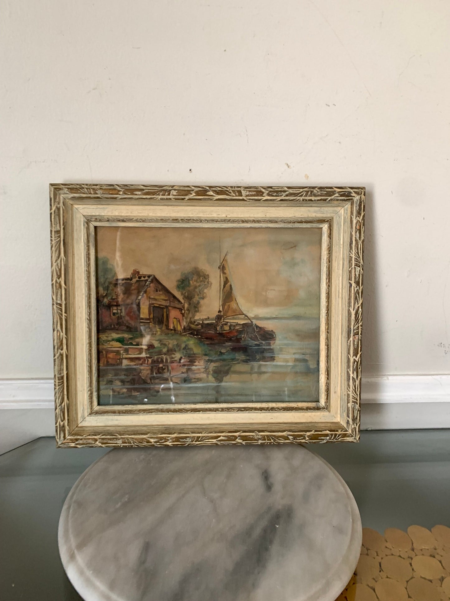 Medium Vintage Sailboat Painting in Solid Wood Frame