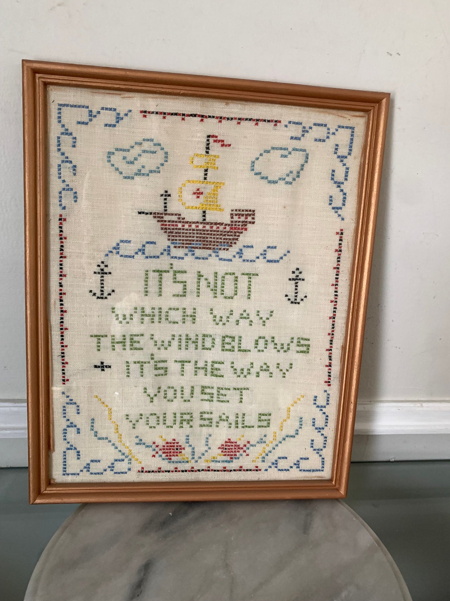 Medium Vintage Rectangular Embroidered It's Not Which Way the Wind Blows In Wood Frame