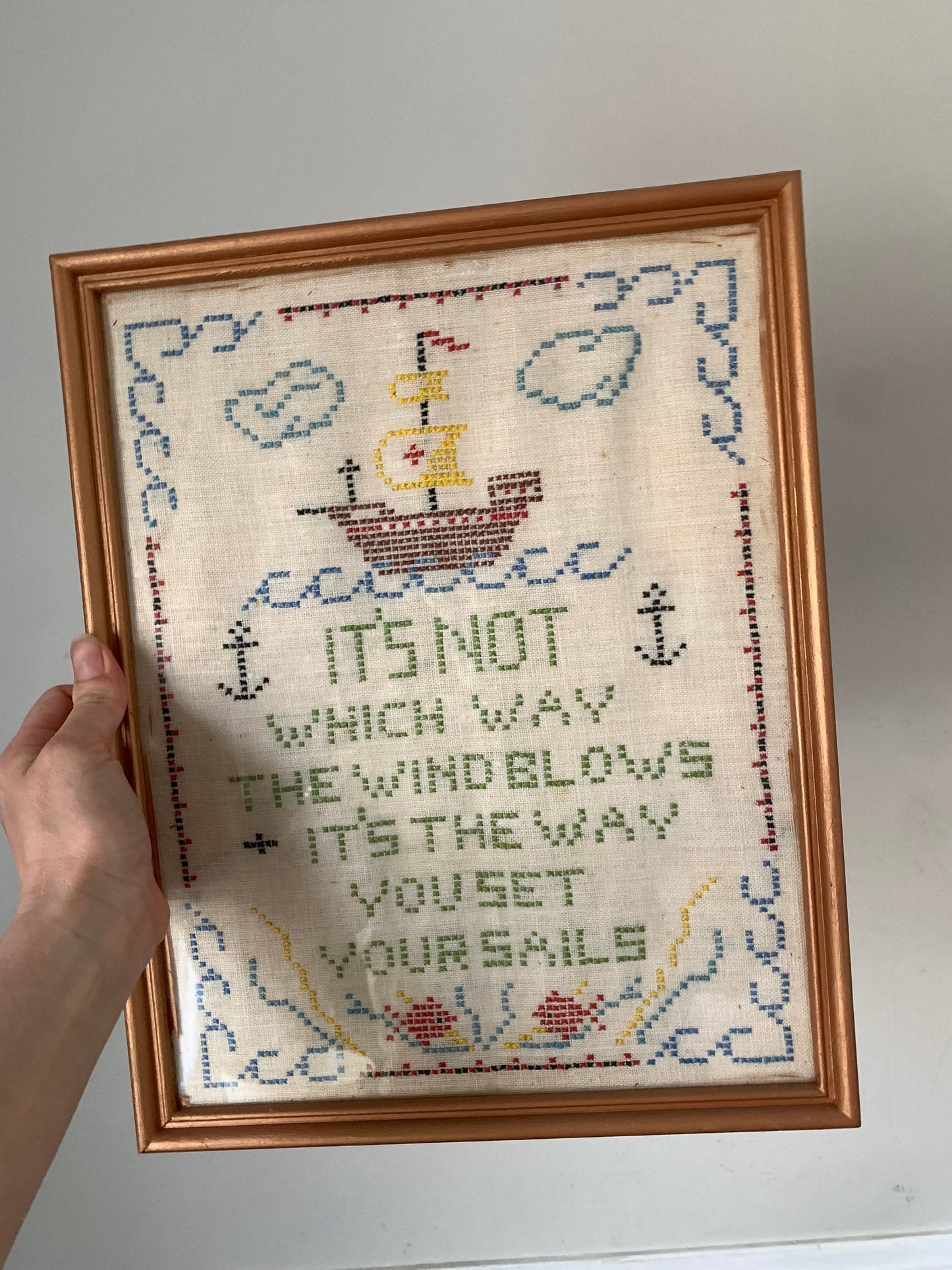 Medium Vintage Rectangular Embroidered It's Not Which Way the Wind Blows In Wood Frame