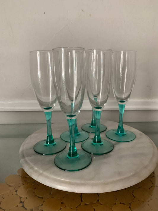 Vintage Set of 6 Light Teal Stem Champagne Flutes