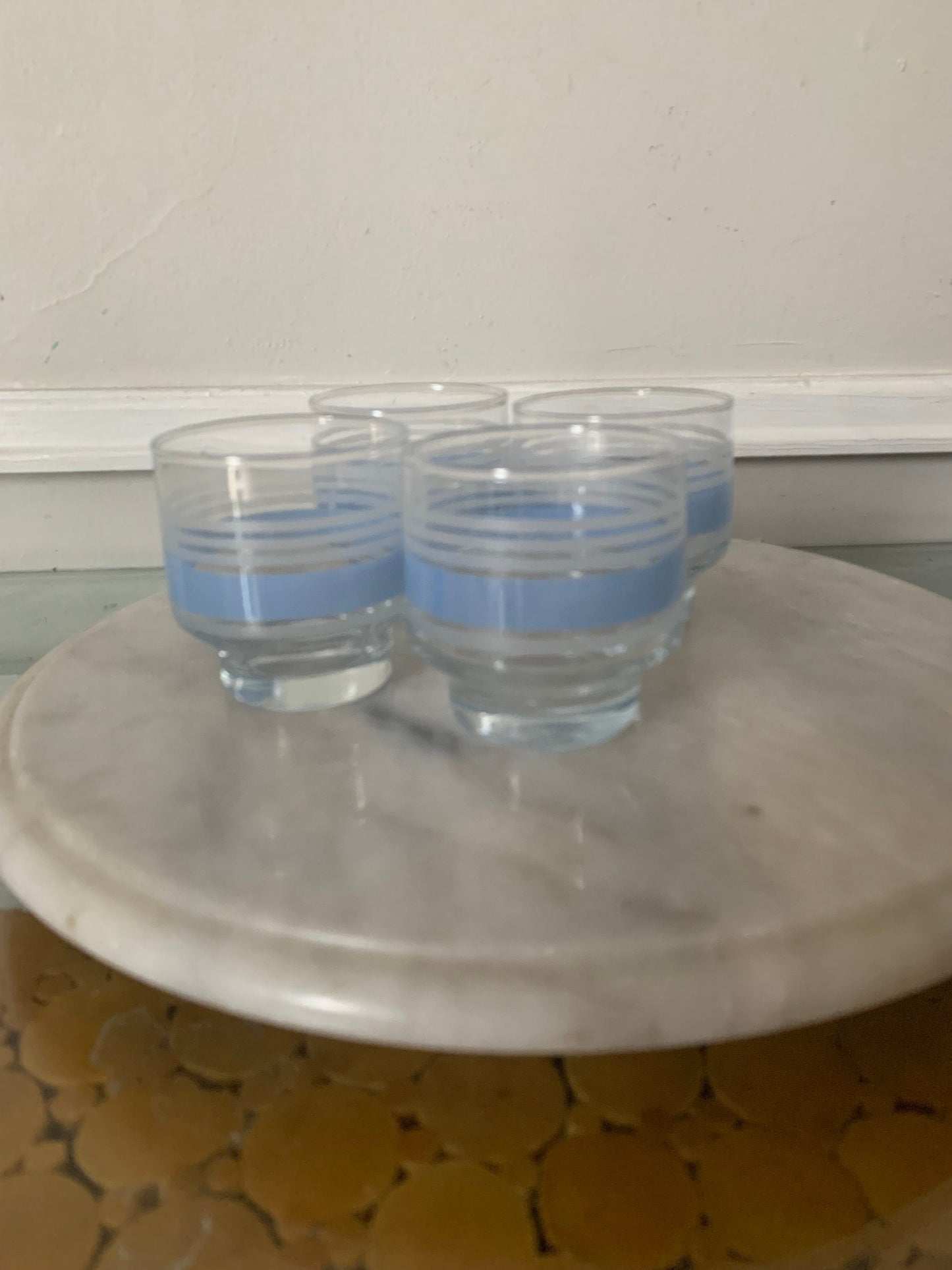 Vintage  Set of 4 Short Blue Stripe Libbey Juice Glasses