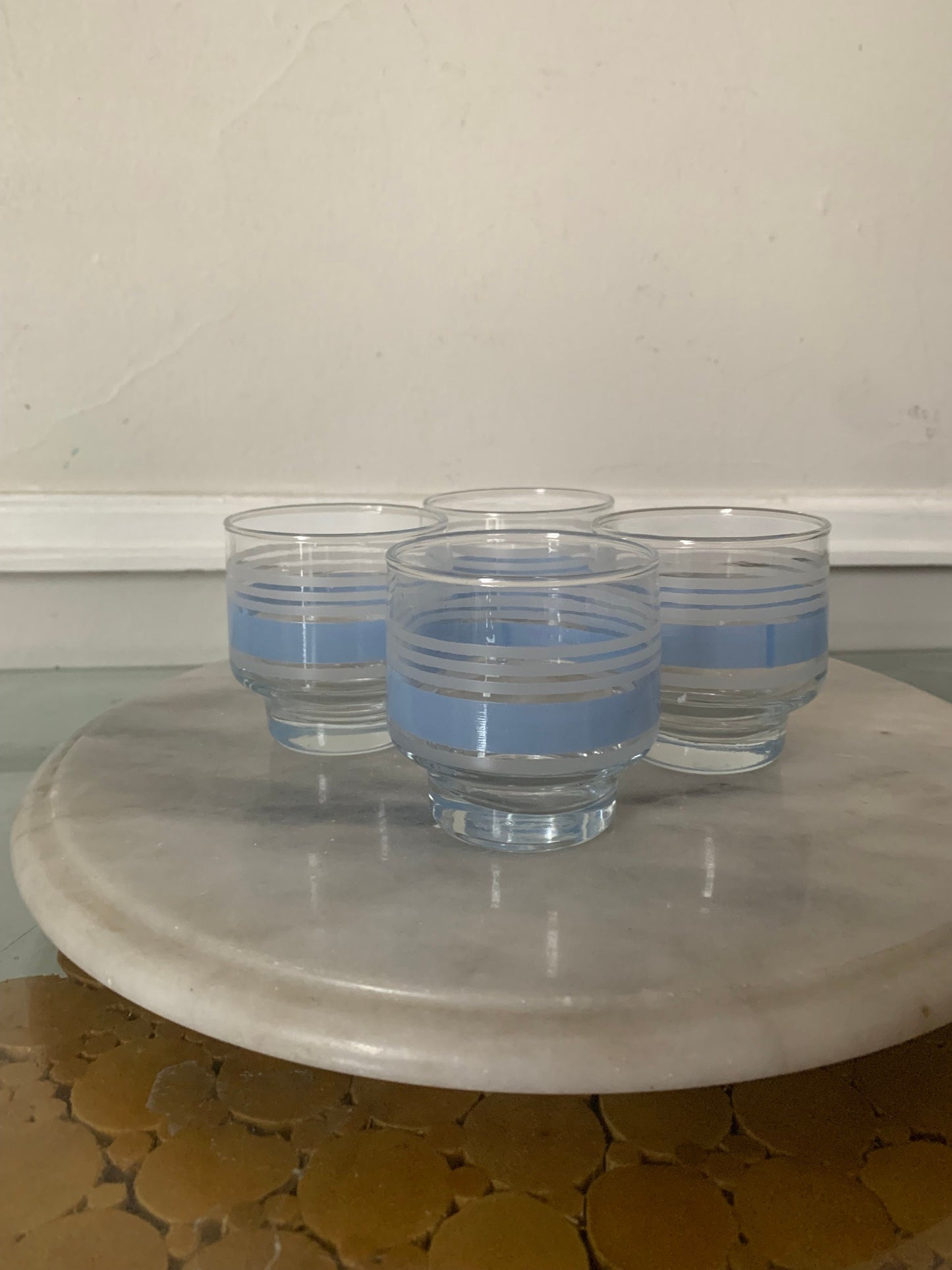 Vintage  Set of 4 Short Blue Stripe Libbey Juice Glasses