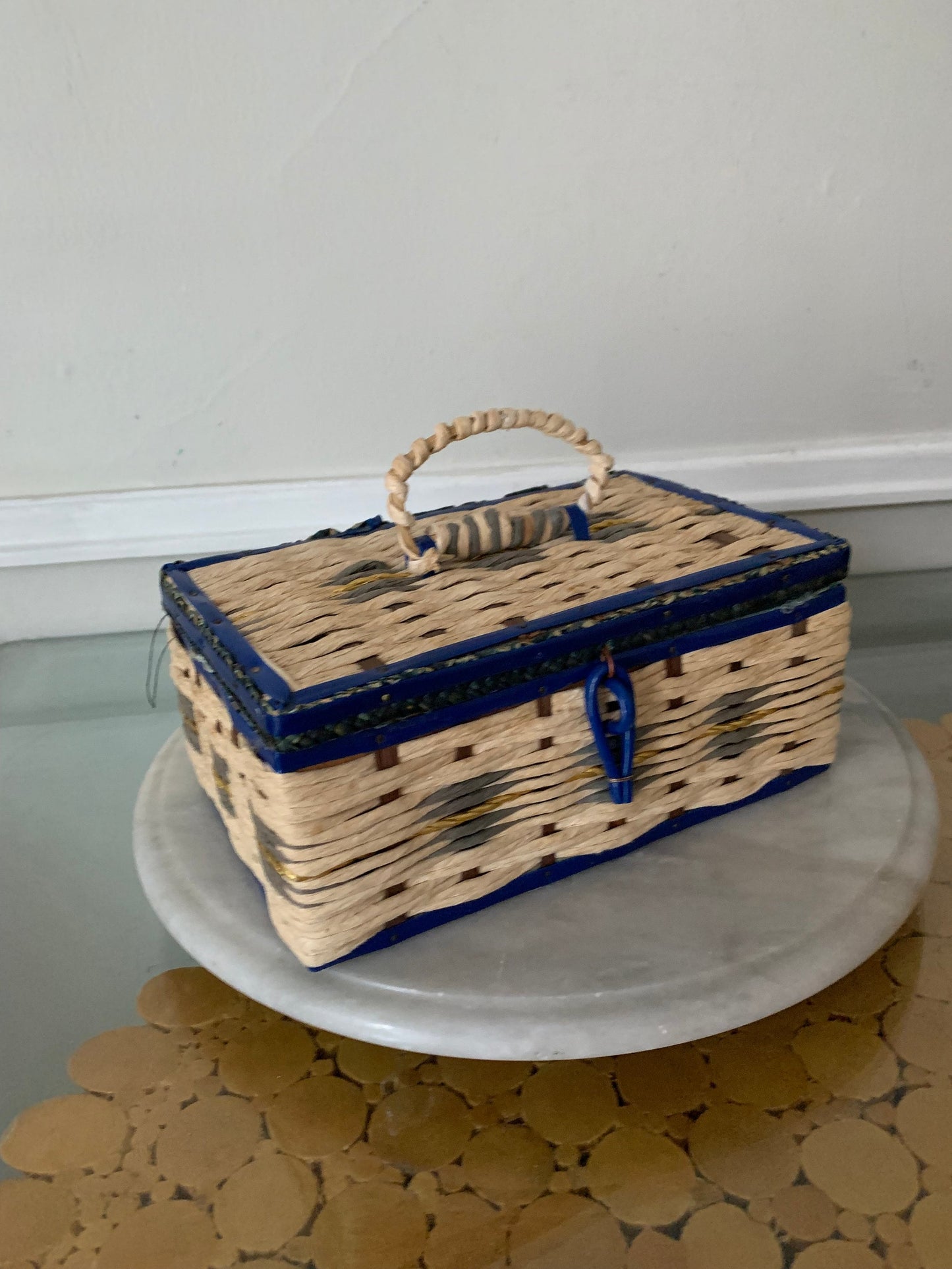 Vintage Small Blue Wicker Sewing Basket
