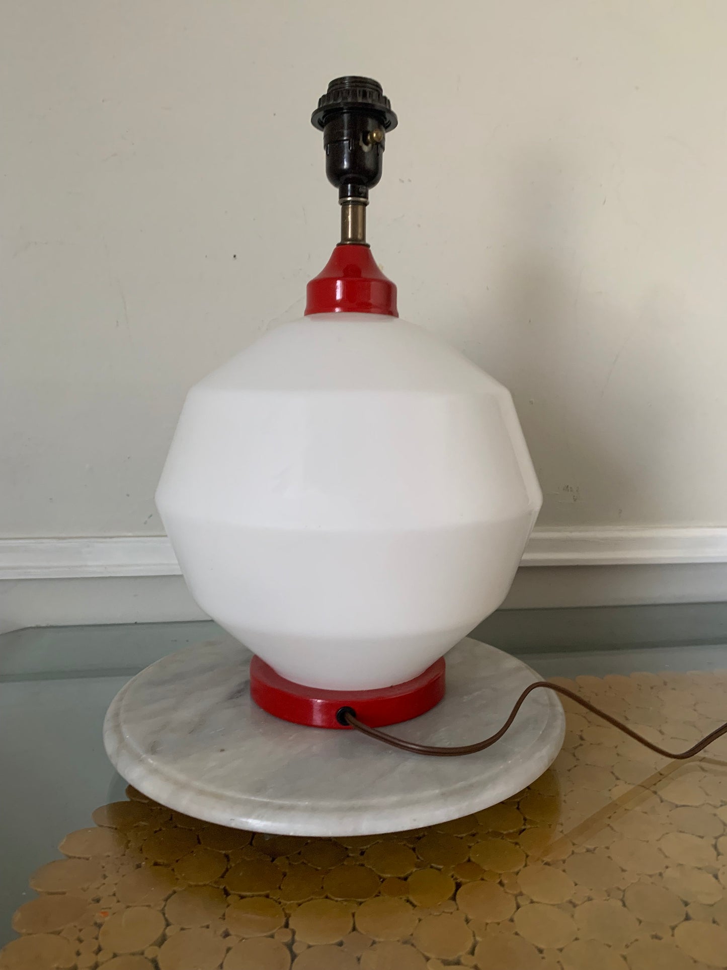 Vintage Medium White Glass Ball Lamp with Red Base No Shade
